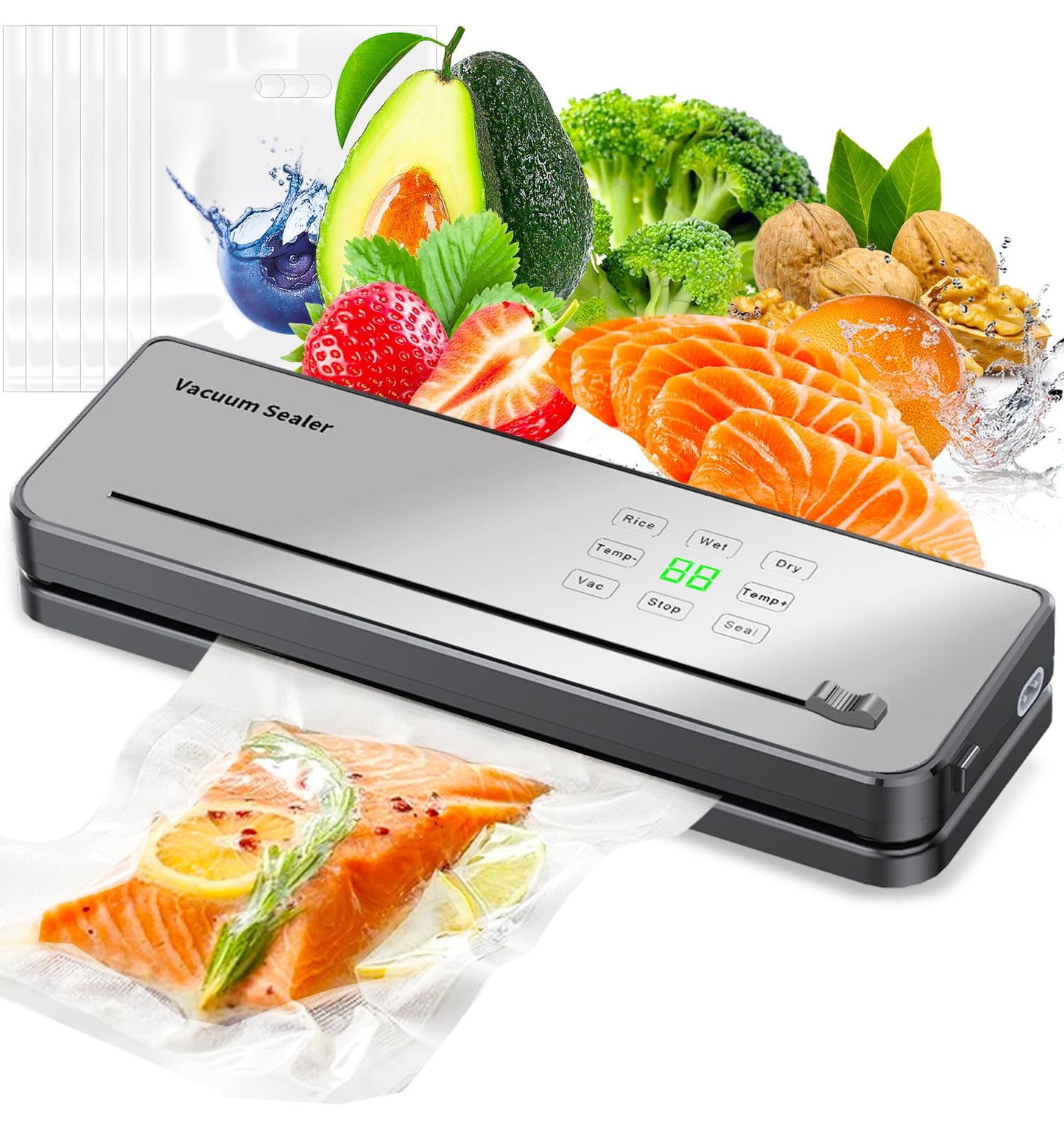Vacuum Sealer Machine, ESoundvol 8-in-1 Vacuum Sealer Flexible Temperature Control, Built-in Cutter and Visible LED Display for Dry and Moist Food