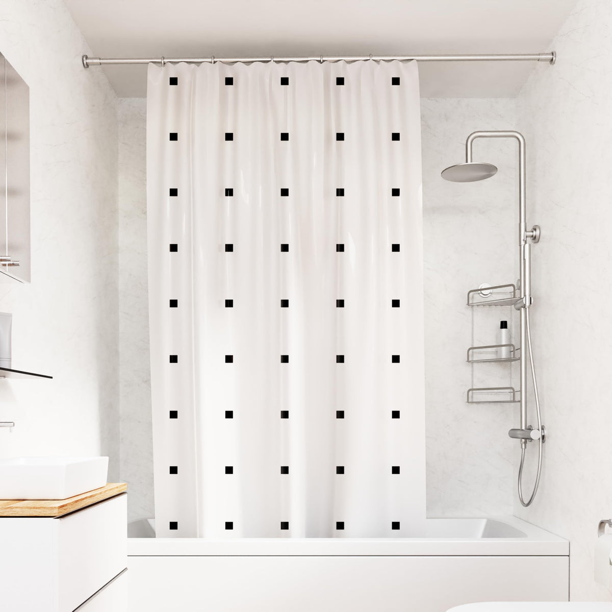 Croydex White Shower Curtain with Black Dots Design - 100% Polyester with a Weighted Hem, Machine Washable and coated with Proseal for Water