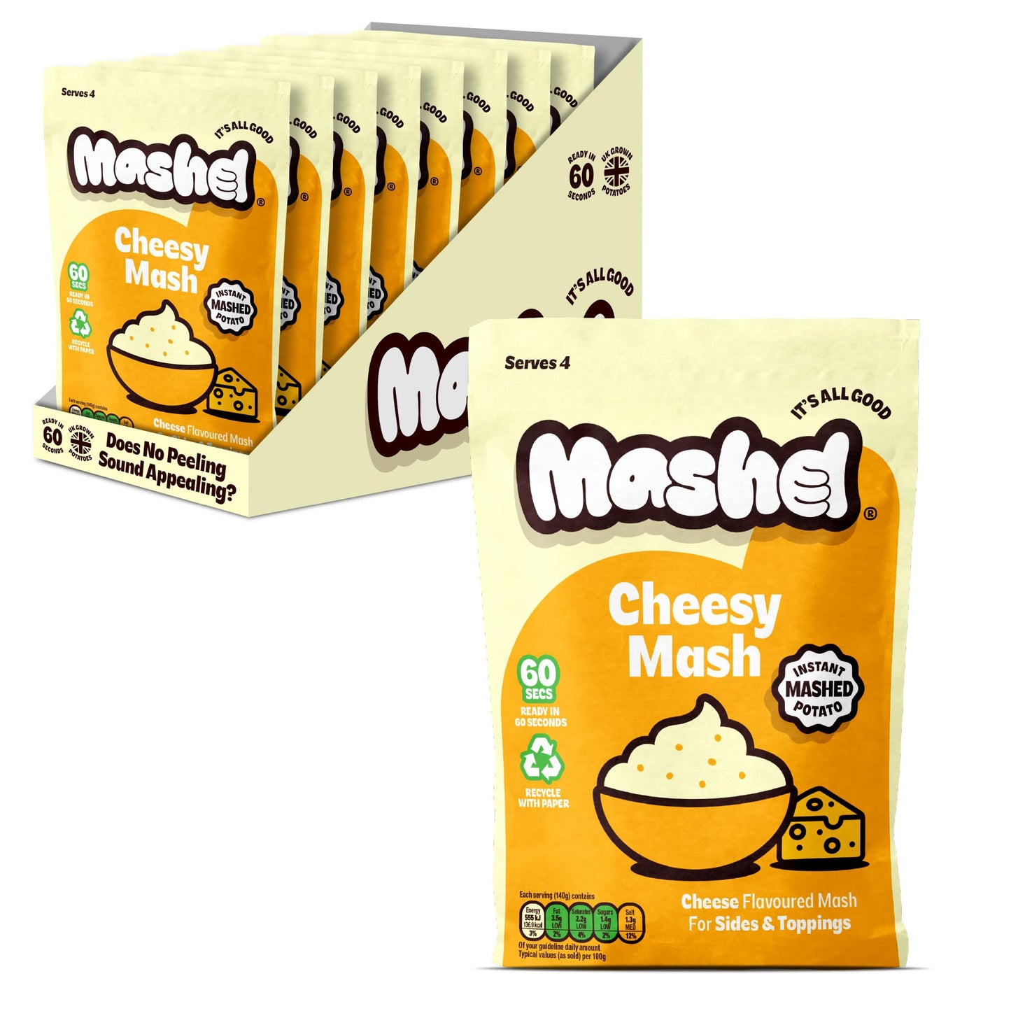 Mashd Cheesy Mash Potato Mash Potato Pouch - Pack of 8 x 140g - Instant Side Dish In One Minute, Just Add Hot Water. 32 Total Servings