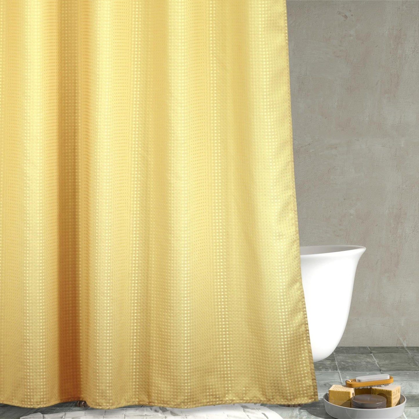 Yellow Extra Long Shower Curtain: 84 Inch Waffle Weave Heavy Duty Fabric Shower Curtains for Bathroom - Water Repellent Washable Thick Polyester Cloth