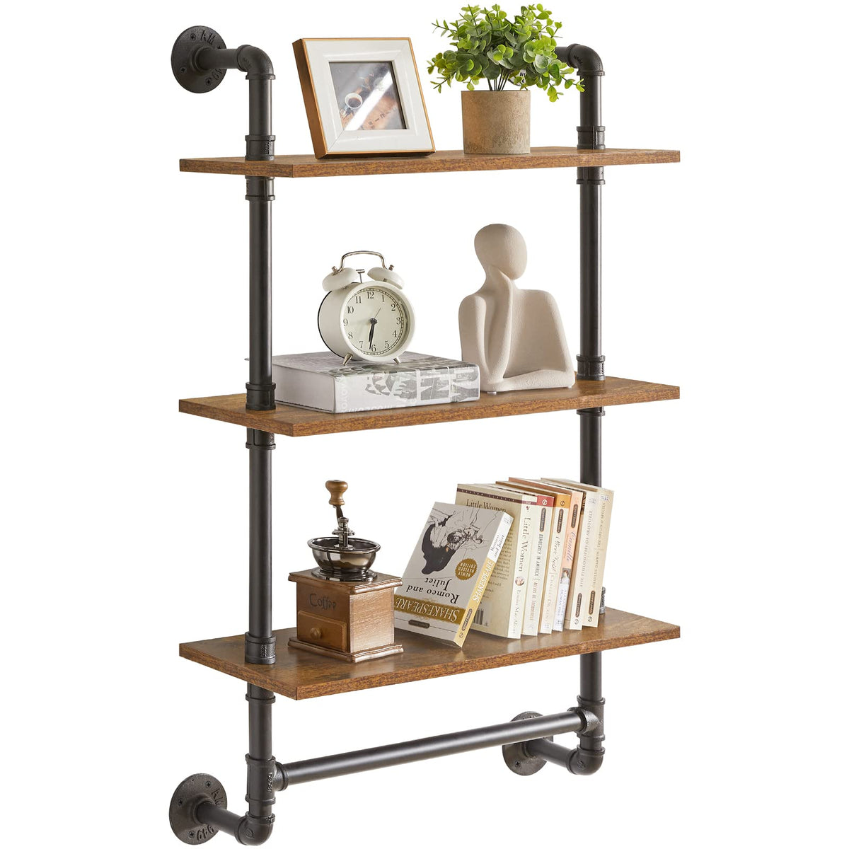 YMYNY 3-Tier Industrial Pipe Wall Mount Shelves, Rustic Storage Shelves, Floating Shelves, Wall Mount Bookshelf, Kitchen Spice Rack, for Bedroom,