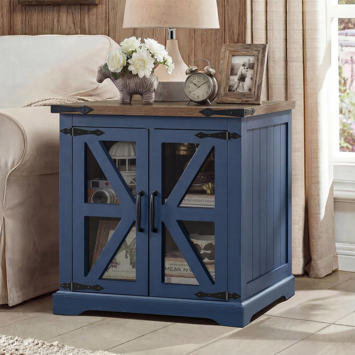 BEROXII Rustic Wood End Table, 24 inches, Square Nightstand with Adjustable Shelf, Barn Door, for Living Room, Bedroom (Blue)