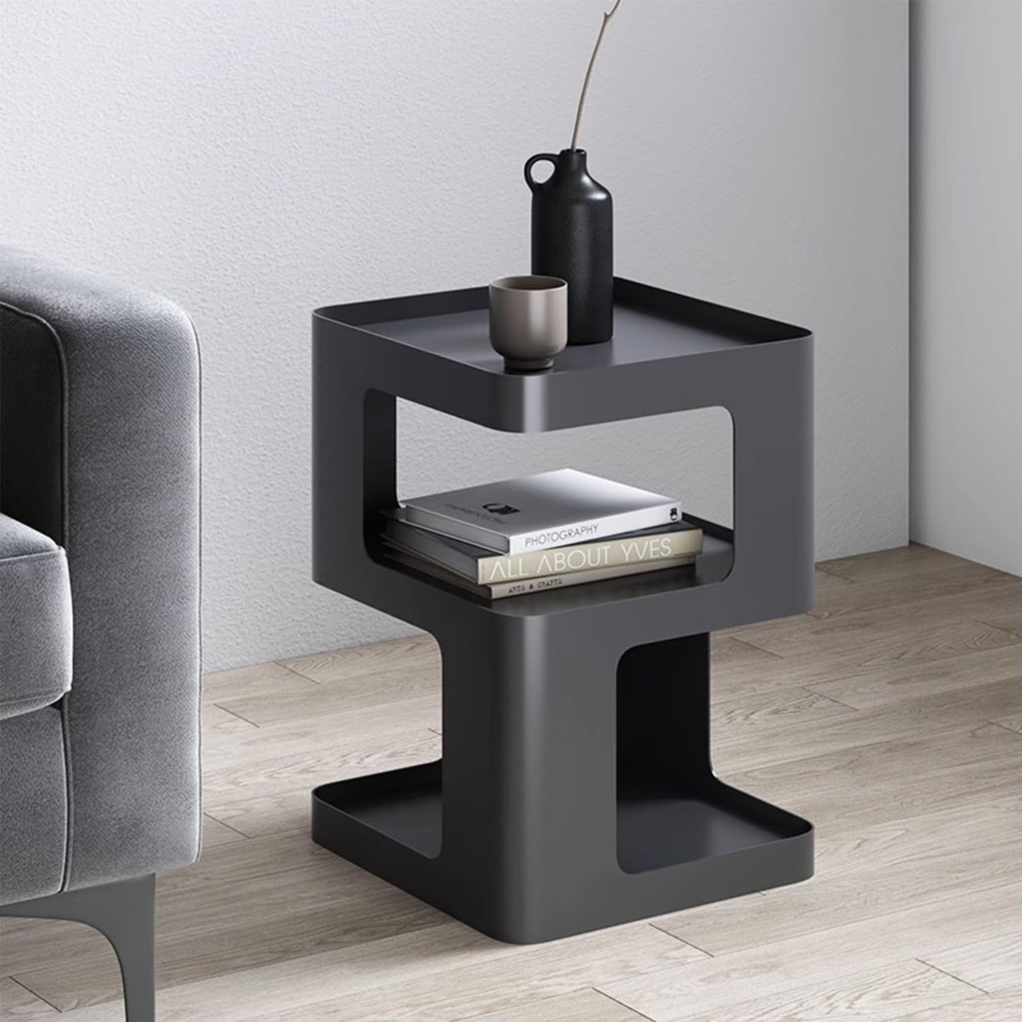 BUZUEY side table,modern end table with storage,black metal bedside table,unique nightstand,accent side table for Living Room Bedroom,no assembly