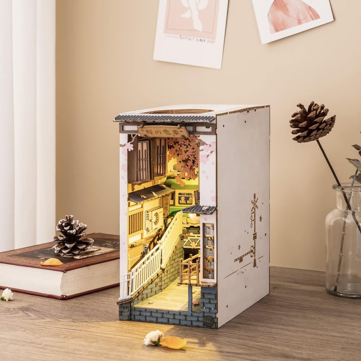 Rolife Sakura Densya Book Nook Kits for Adults DIY Miniature Kit with Light for Desk Library Bookshelf Decoration 3D Wooden Puzzle Booknook Model Kits