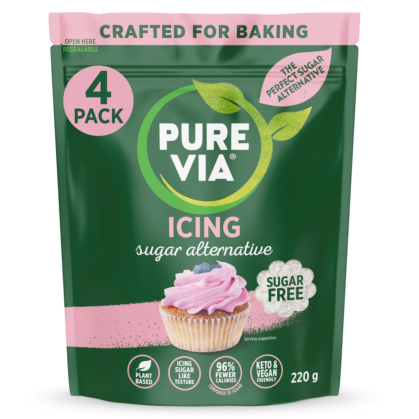 Pure Via Icing Sugar Alternative - Keto and Vegan Friendly Sweetener for Baking - 220G (Pack of 4)