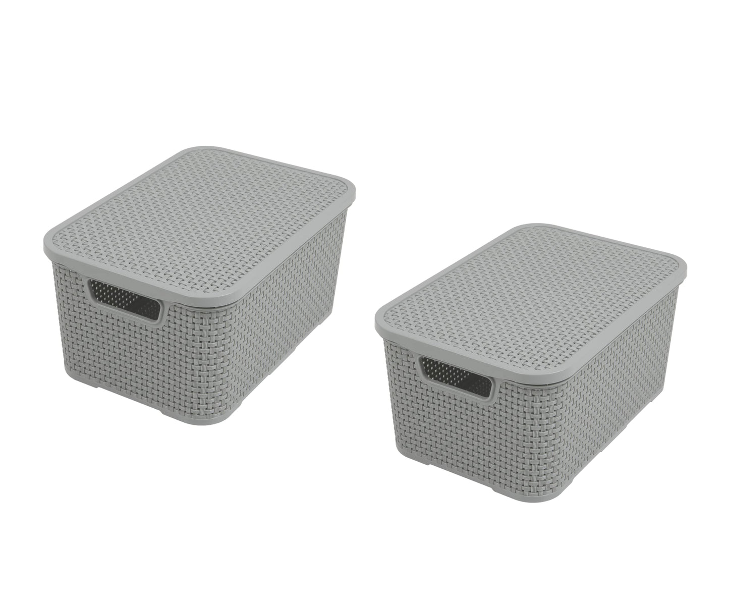 BranQ - Home essential Lid Basket in Rattan Design Size M 10 L BPA- Plastic PP Light Grey 28.8 x 19.7 x 16.2 cm 2 Pieces M