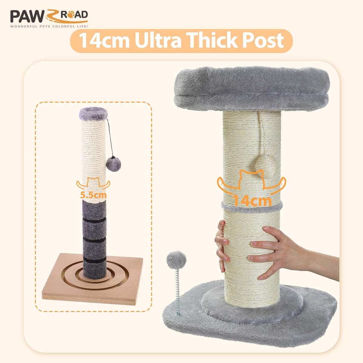 PAWZ Road Cat Scratching Post, Tall Cat Scratcher for Indoor Cats with Super Thick Scratching Post [Dia=14cm], Removable Fluffy Cat Bed, Cat Scratch