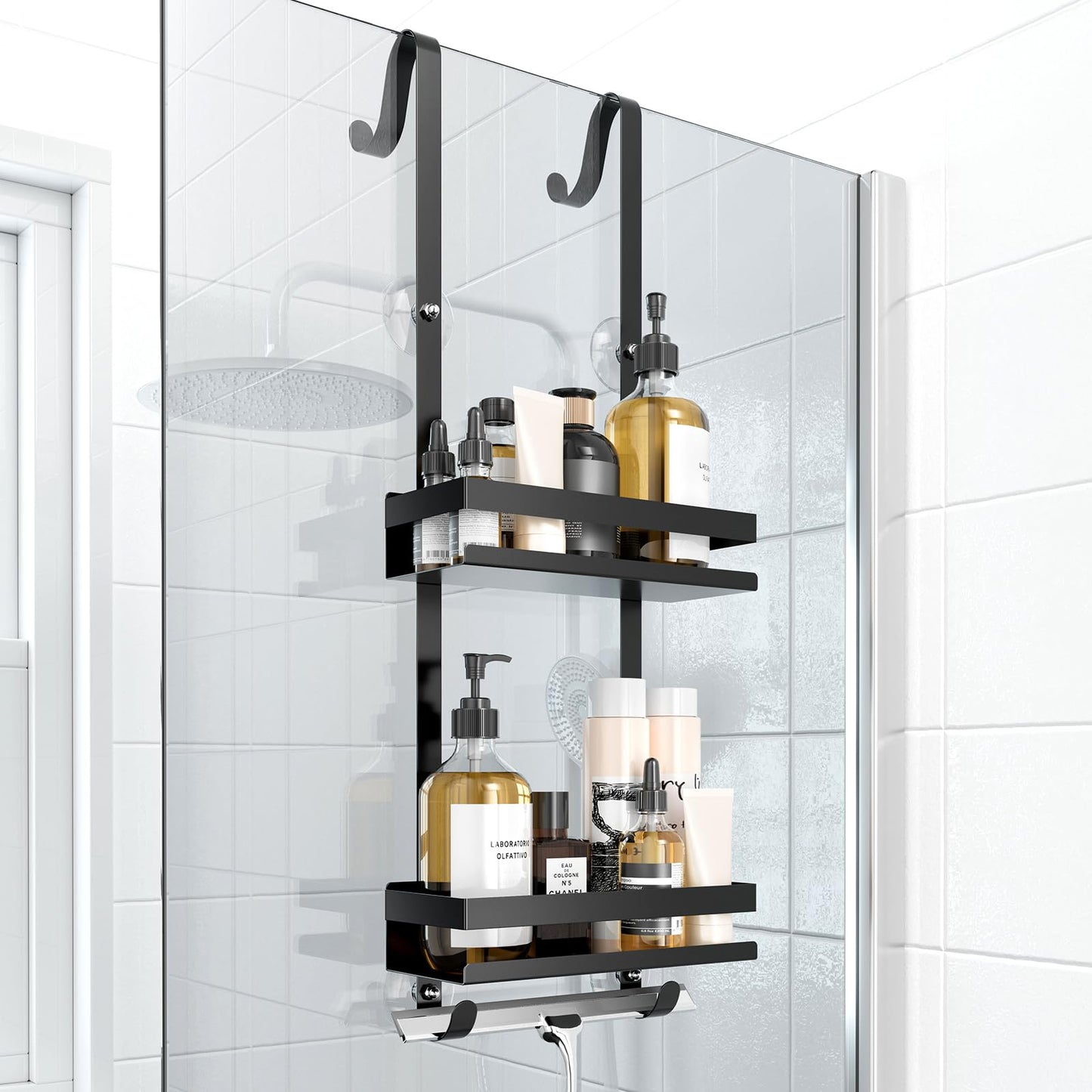 Laimew Shower Caddy Hanging, 2 Tier Shower Storage Over Door, Shower Accessories, Rustproof Shower Organiser Bathroom Storage, No Drilling