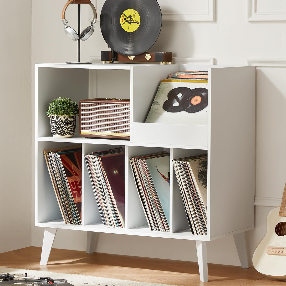 LELELINKY Large Vinyl Record Stand with 4 Shelves, Retro Style Turntable Stand for Up to 300 Albums, Record Player Stand with Shelf and Open Display