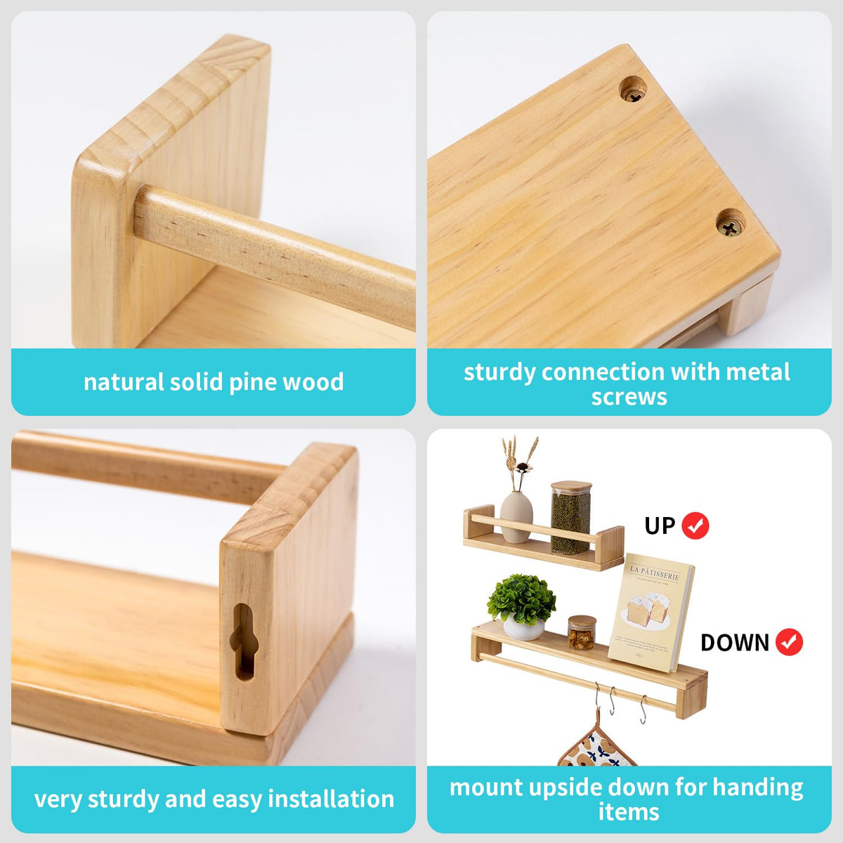 Gieanoo Nursery book shelf, Set of 4 Floating Shelves Solid Natural Wood 40cm bookshelf kids room Wall Mounted baby floating book shelves decor for