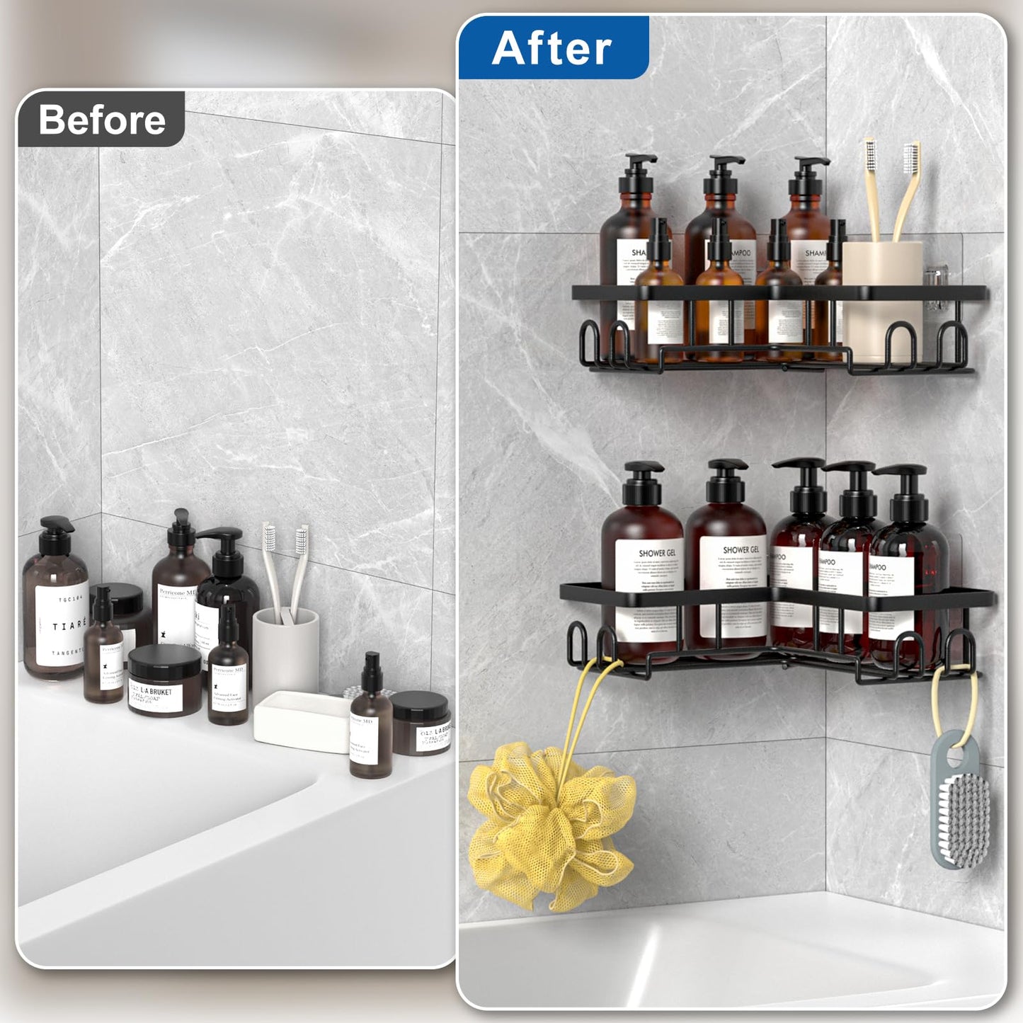 Diwoker Corner Shower Caddy, Adhesive Bathroom Storage (Black, 2-Pack)