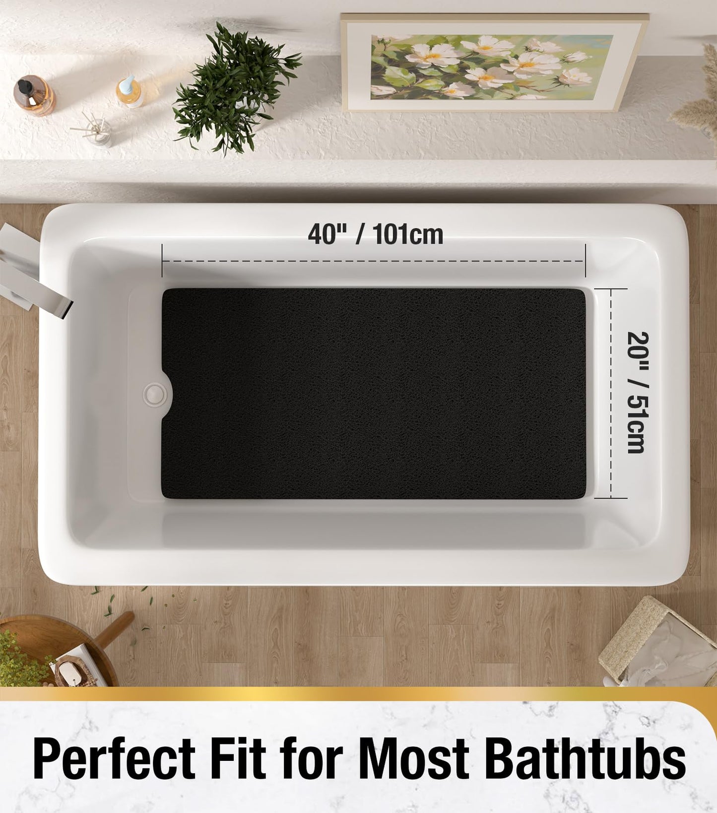 HITSLAM Non Slip Bath Mat 101x51 cm, Shower Mats for Inside Shower, Black