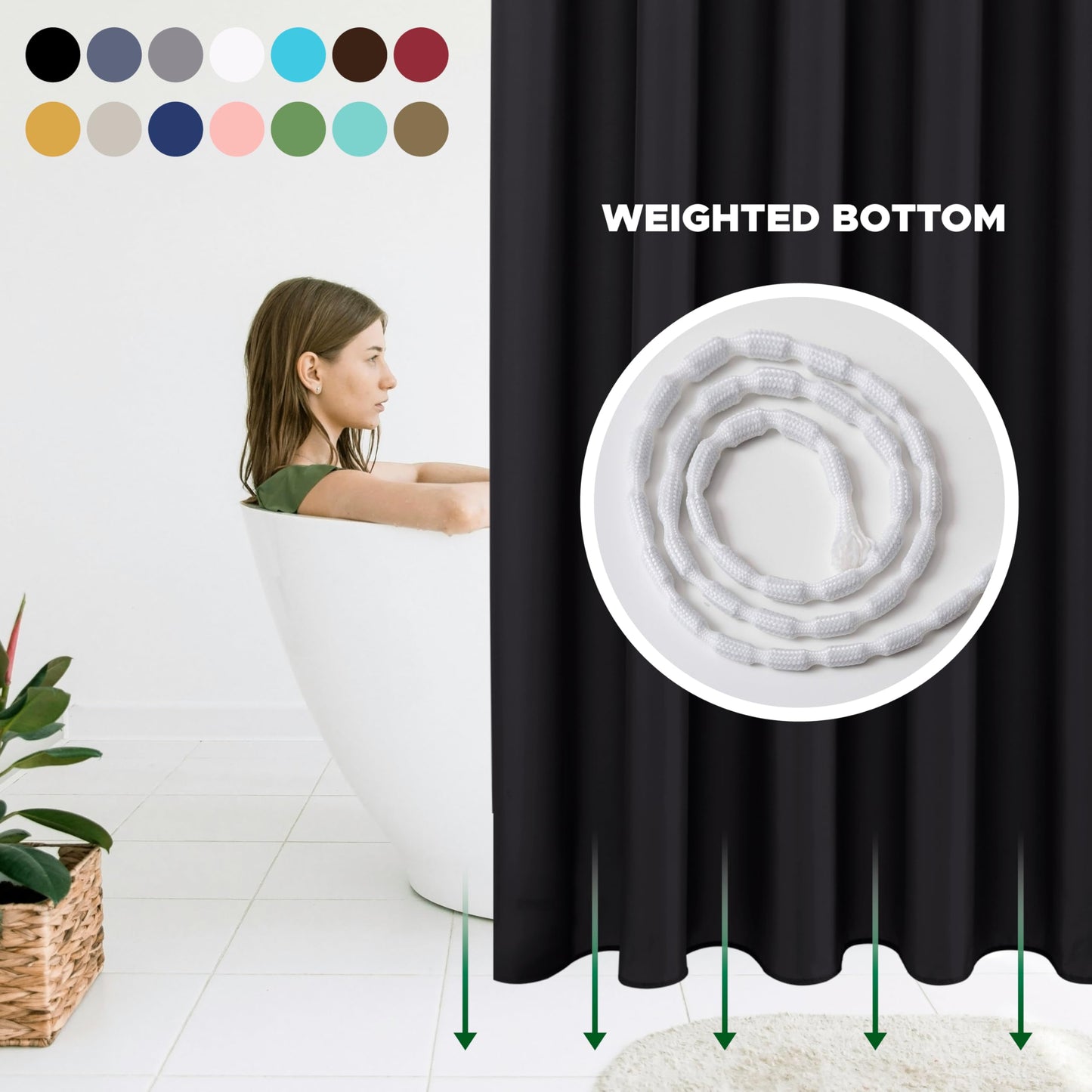 Biscaynebay Fabric Shower Curtain with Short Liner 72" W x 65" L, Black Water Resistant, Rust Resistant Grommets, Weighted Bottom, Machine Washable