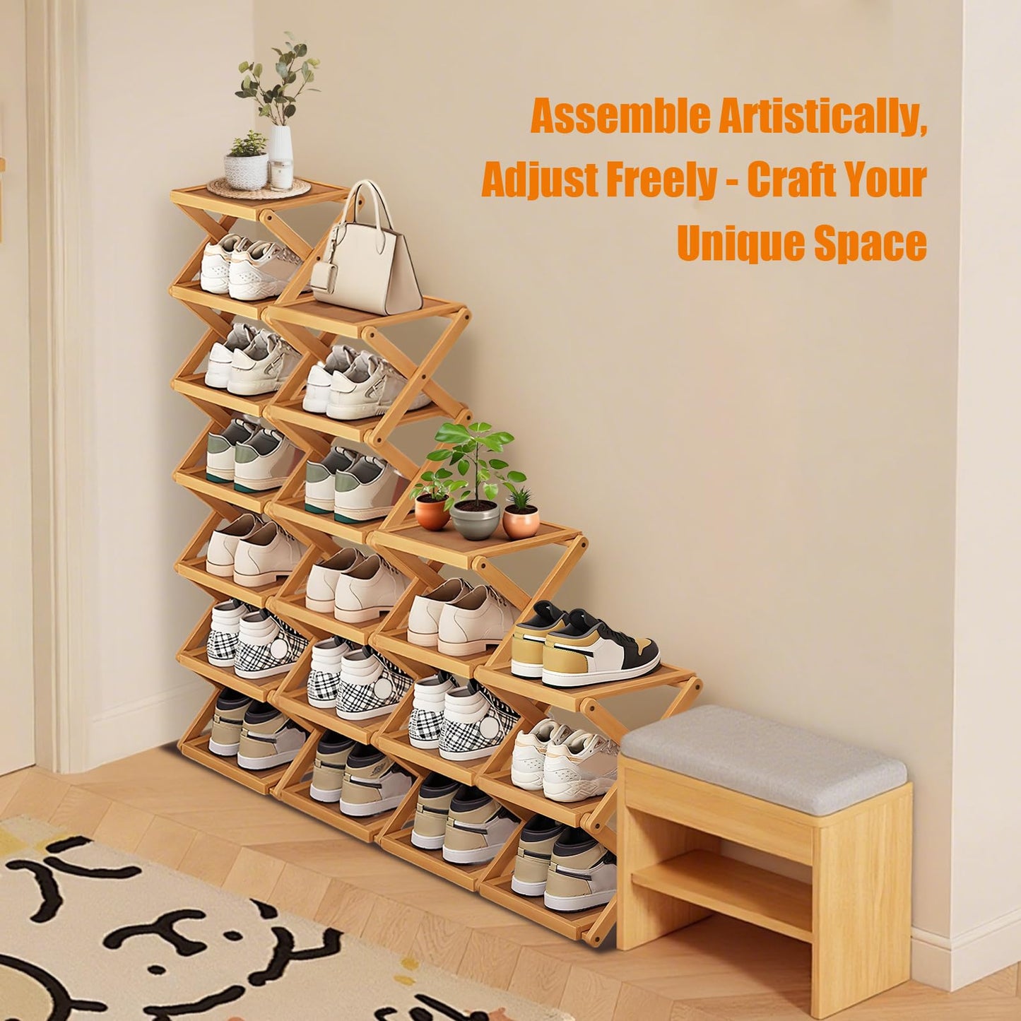 YYW Shoe Rack, Foldable Shoes Organizer Free Standing Shelf for Entryway, Closet, Hallway, Foldable X Shape Multi Tier Shoe Rack (Wood Color,7 Layers)