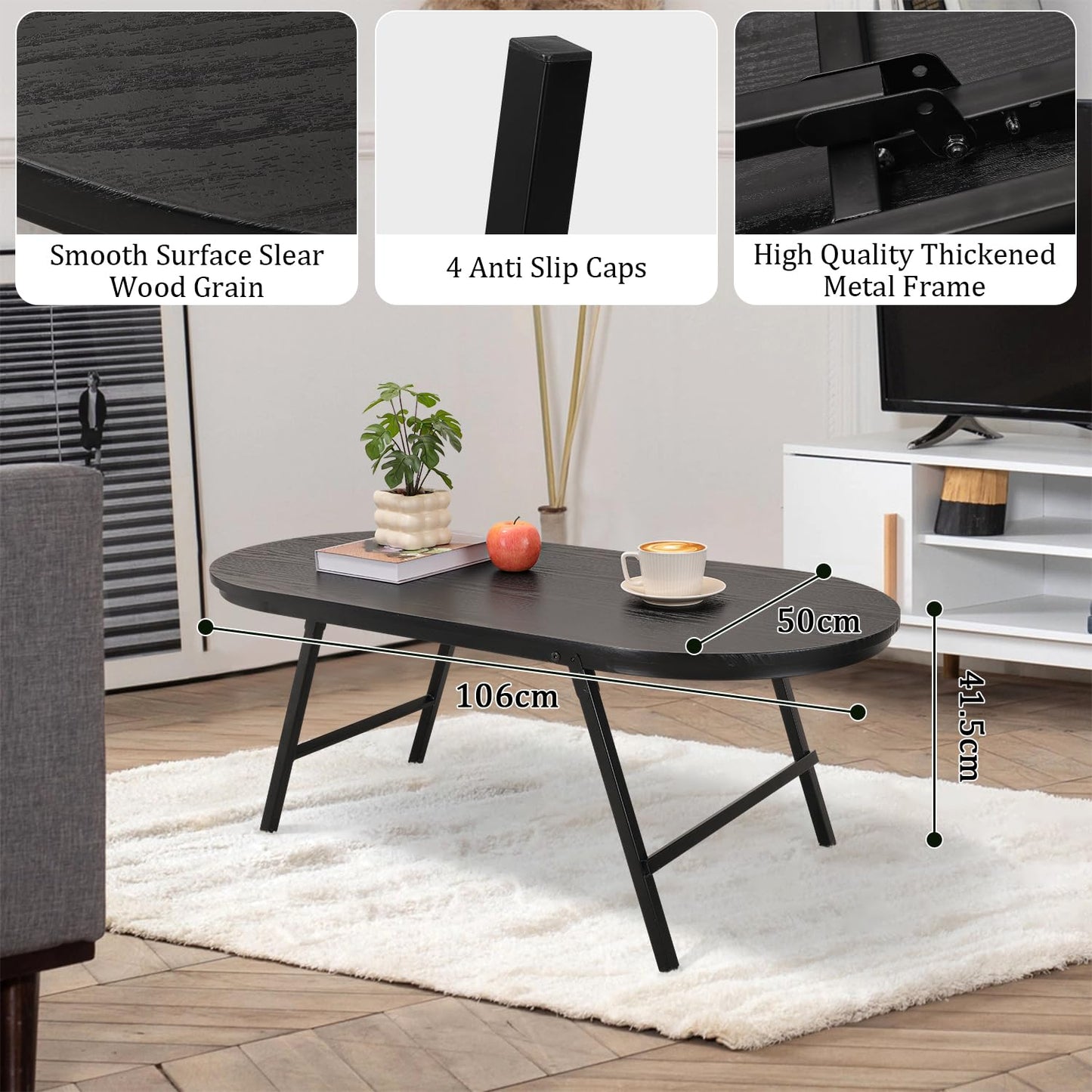 FEUFOAM Black Small Coffee Table Wooden Oval Folding Low Coffee Tables with Metal Legs Portable Floor Table Desk for Living Room Small Spaces