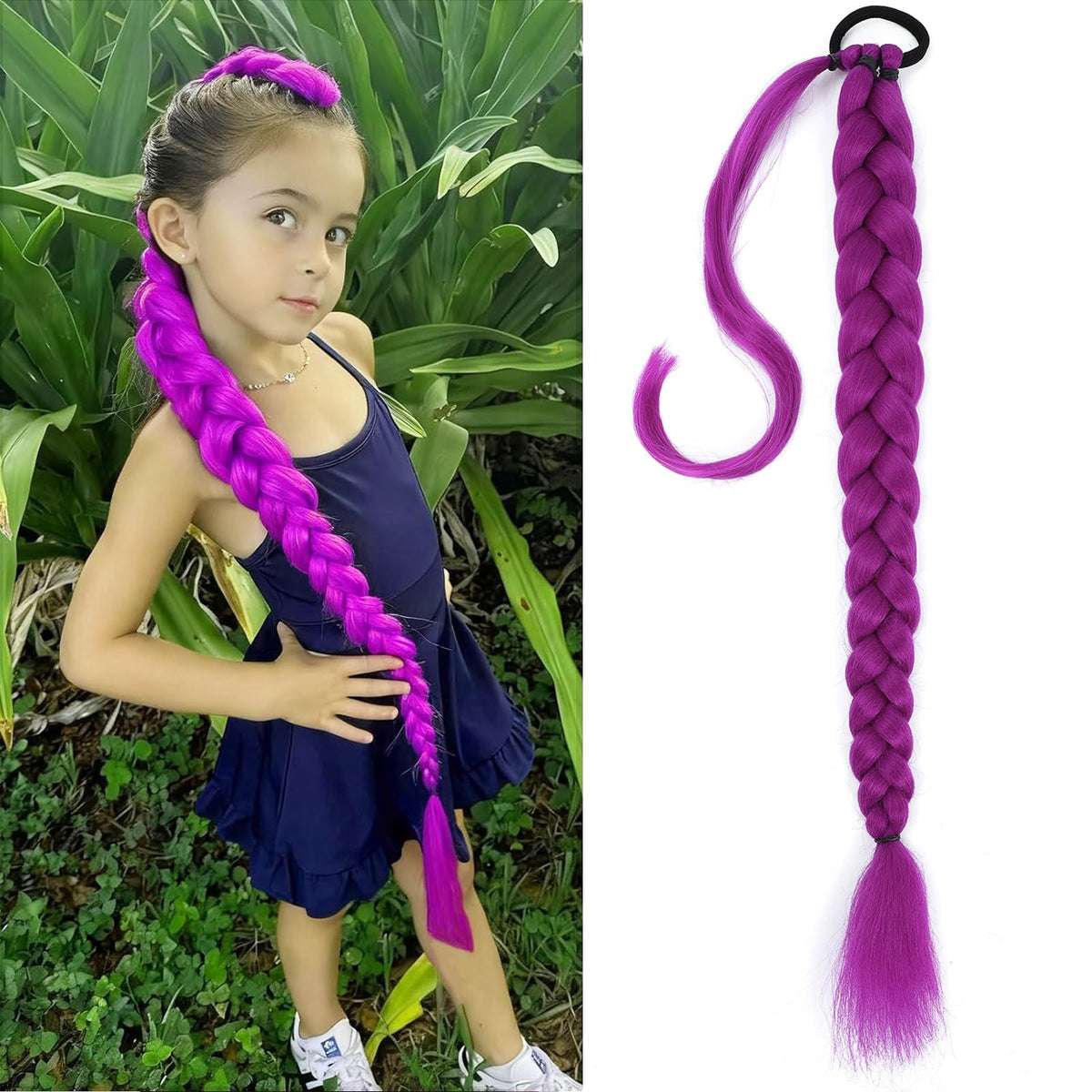 Purple Hair Extensions, Pre-Braids purple Braiding Hair for Cosplay Halloween Stage Performances 24 Inch Ponytail Extension with Elastic Tie (purple,