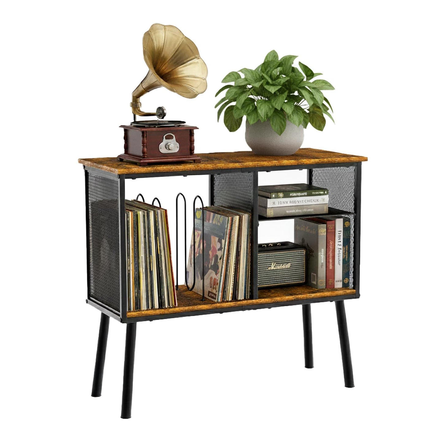 Kryntex Record Player Stand with Adjustable Divider, Vinyl Storage Cabinet Holds up to 200 Records, Mid-Century Turntable Stand with Metal Frame