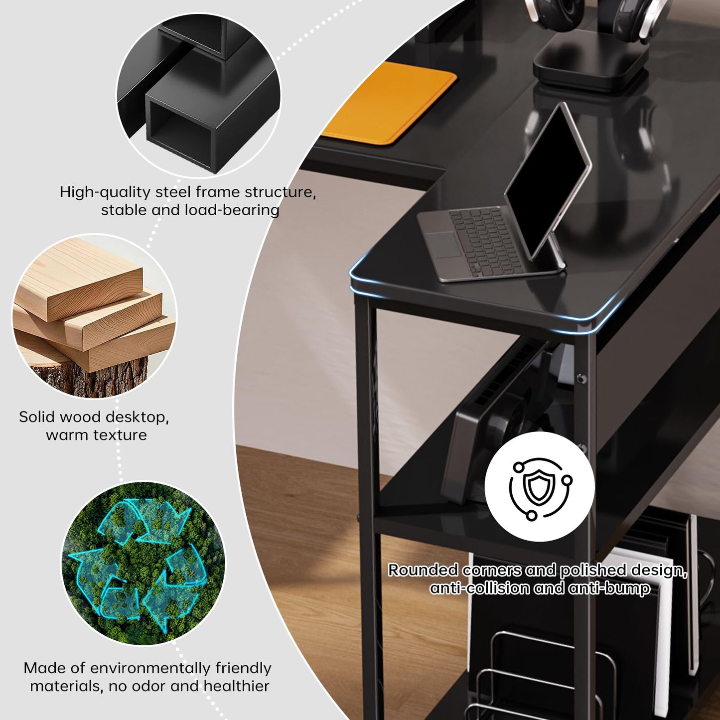 WUPY L Shaped Desk, Corner Desk with Monitor Stand, 152x80 cm Computer Desk Office Desk for Home Office with Large Reversible Storage Shelves