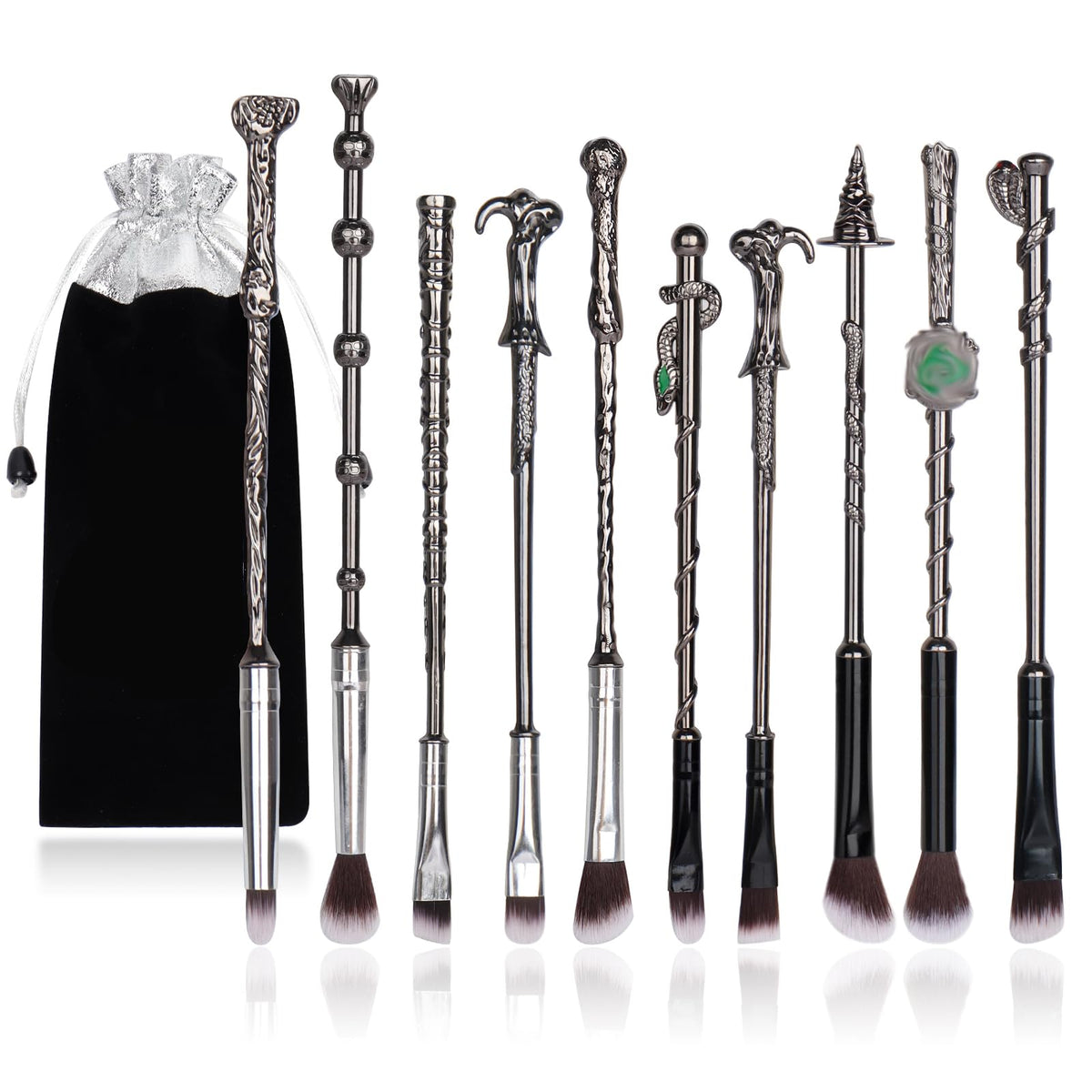 10Pcs Wizard Makeup Brushes Set,3D Silver Handle Metal Wand with Theme Bag,Anime Cosmetic Brushes for Powder Eyeshadow Lips Eyeliner,Portable Makeup