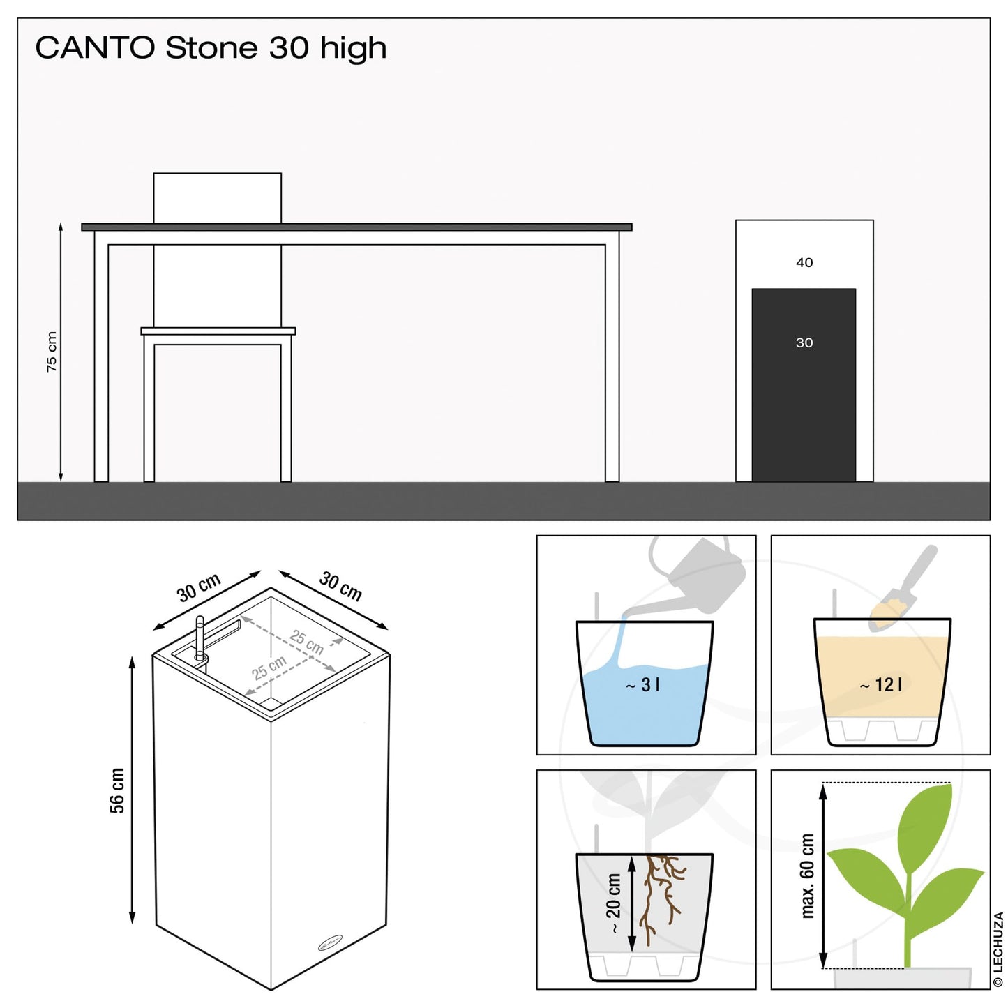 Lechuza Self Watering Plant Pot CANTO Stone 30 High Large Plastic Indoor and Outdoor Plant Pot with Drainage Hole H56 L30 W30 cm Sand Beige