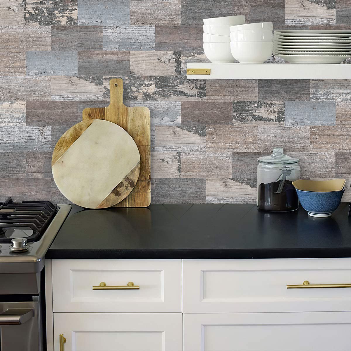 DEWOO 20-PCS Peel and Stick on Self Adhesive Wall Tiles for Kitchen Splashback Sticky Rustic Wood Effect PVC Covering Panels (13.5" x 11.4")