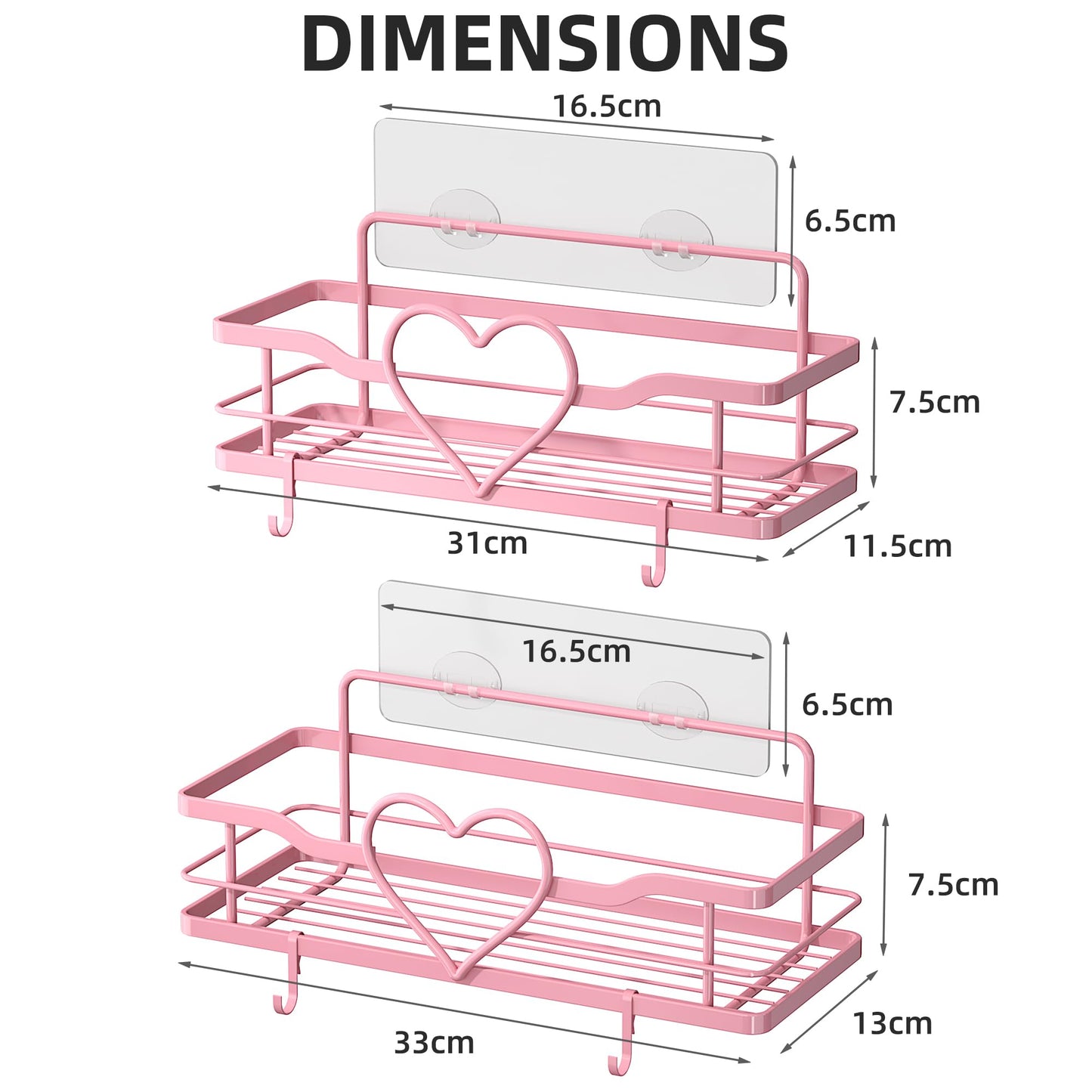 Pink Shower Caddy 2 Pack –No Drill Wall Mounted Suction Shelf for Bathroom
