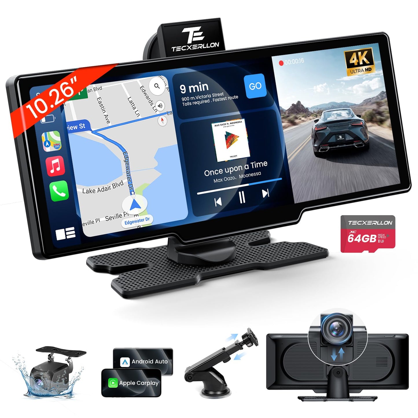 TECXERLLON 10.26'' Wireless Carplay & Android Auto, Apple Car play Screen with 4K Front & 1080P Rear Camera, Car Tablet Pro Max Touchscreen, 64G with