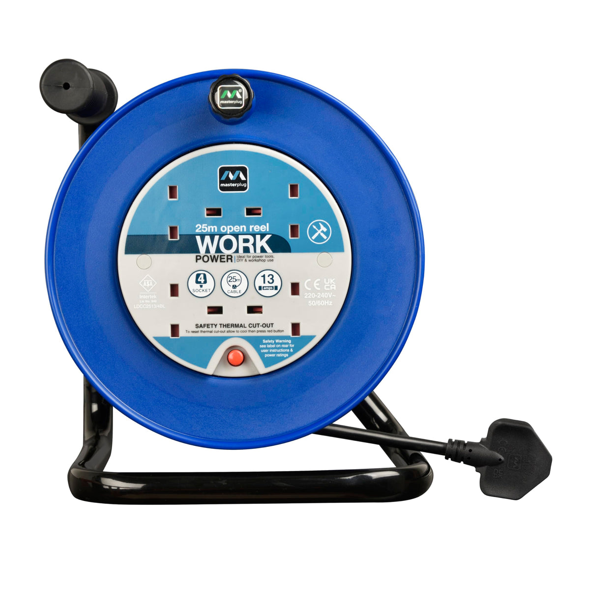 Masterplug Four Socket, 25 Metre Open Cable Reel, Medium Extension Lead Reel, Wind-Up Power Retractable Cord Reel, Heavy Duty, Thermal Cut Out, Work
