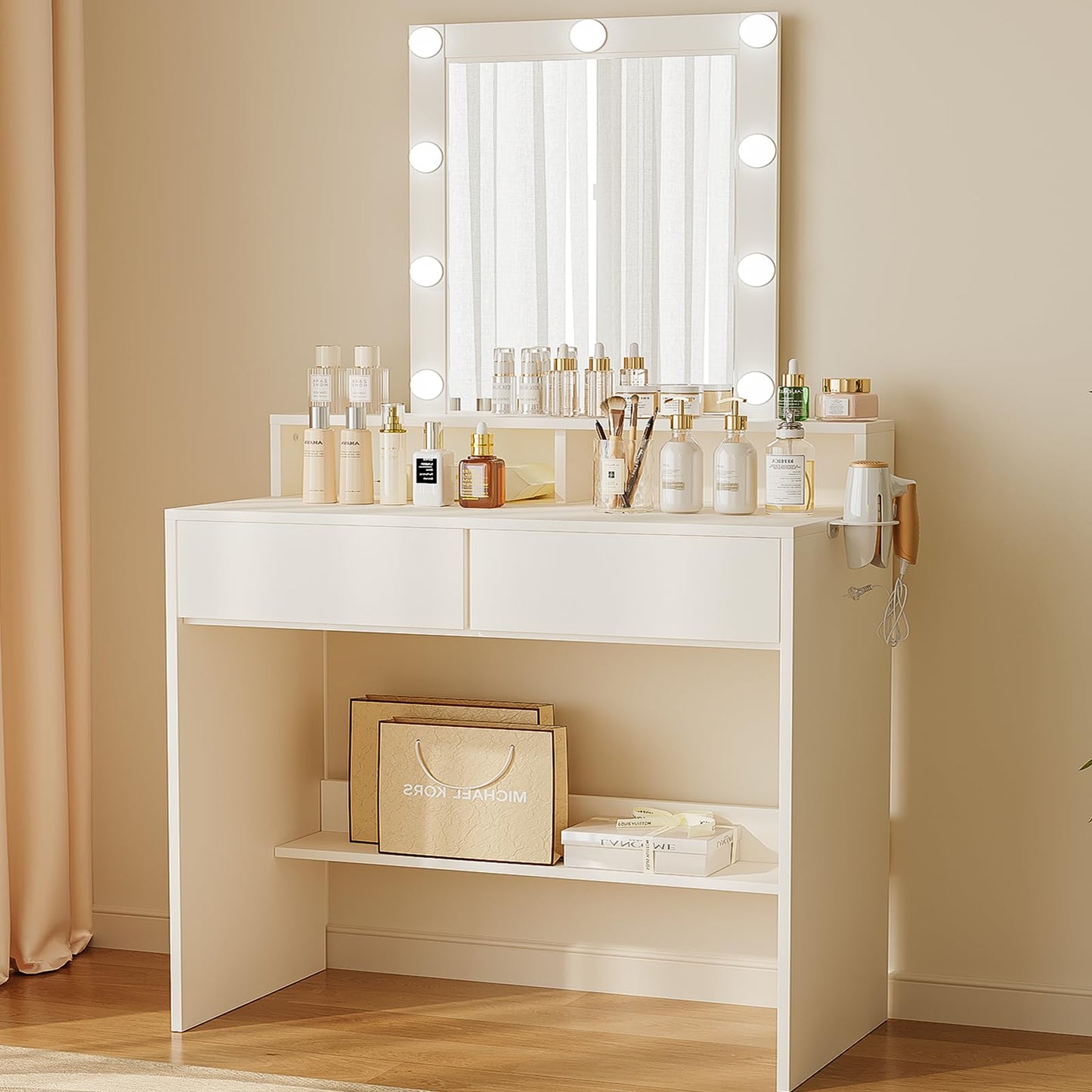 JUMMICO Dressing Table with LED Lighting and Mirror, Adjustable Brightness,Vanity Desk with 2 Drawers,Makeup Table for Bedroom,White