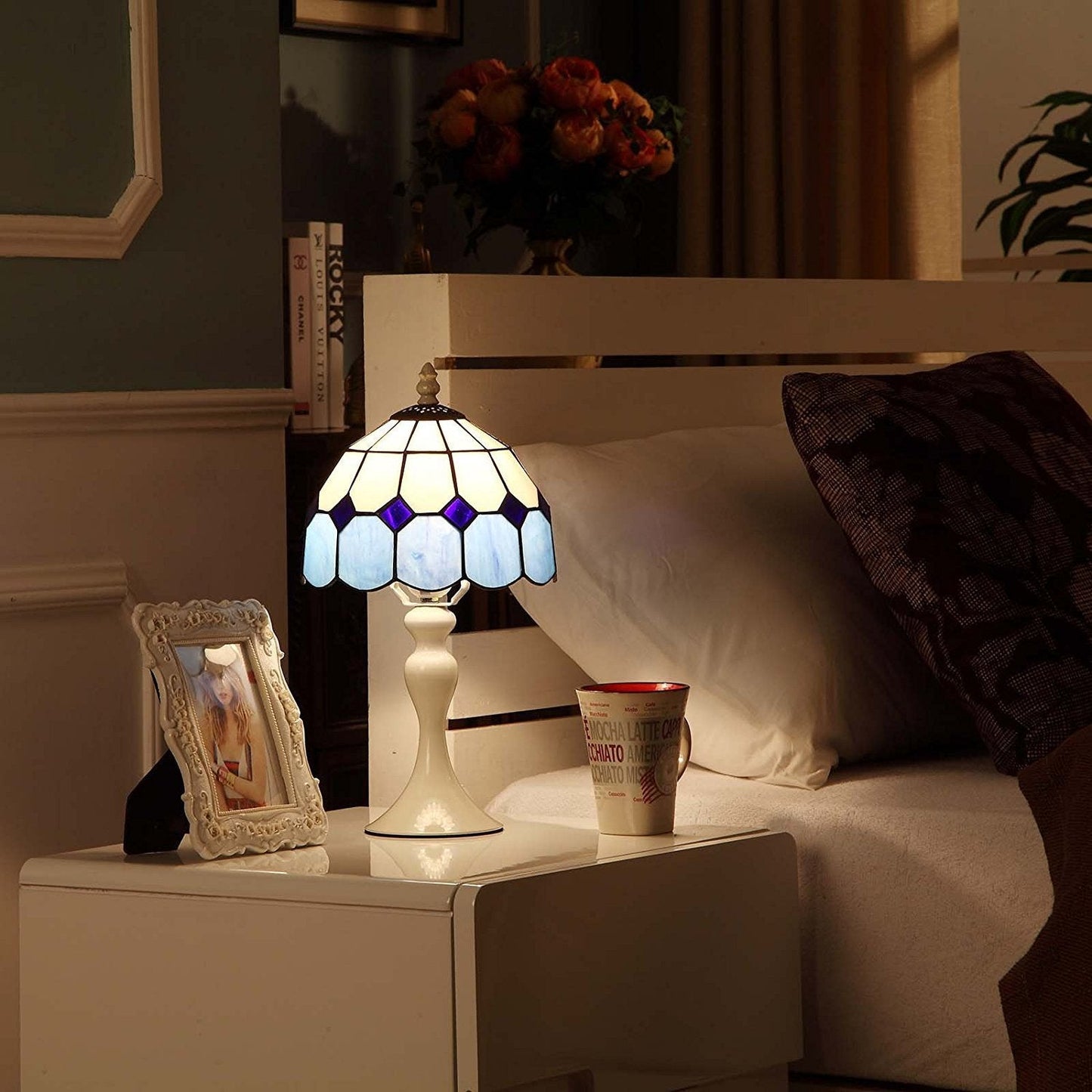 Bieye L30042 Mediterranean Tiffany Style Stained Glass Table Lamp with 8 inch Wide Blue Shade, 15 inch Tall