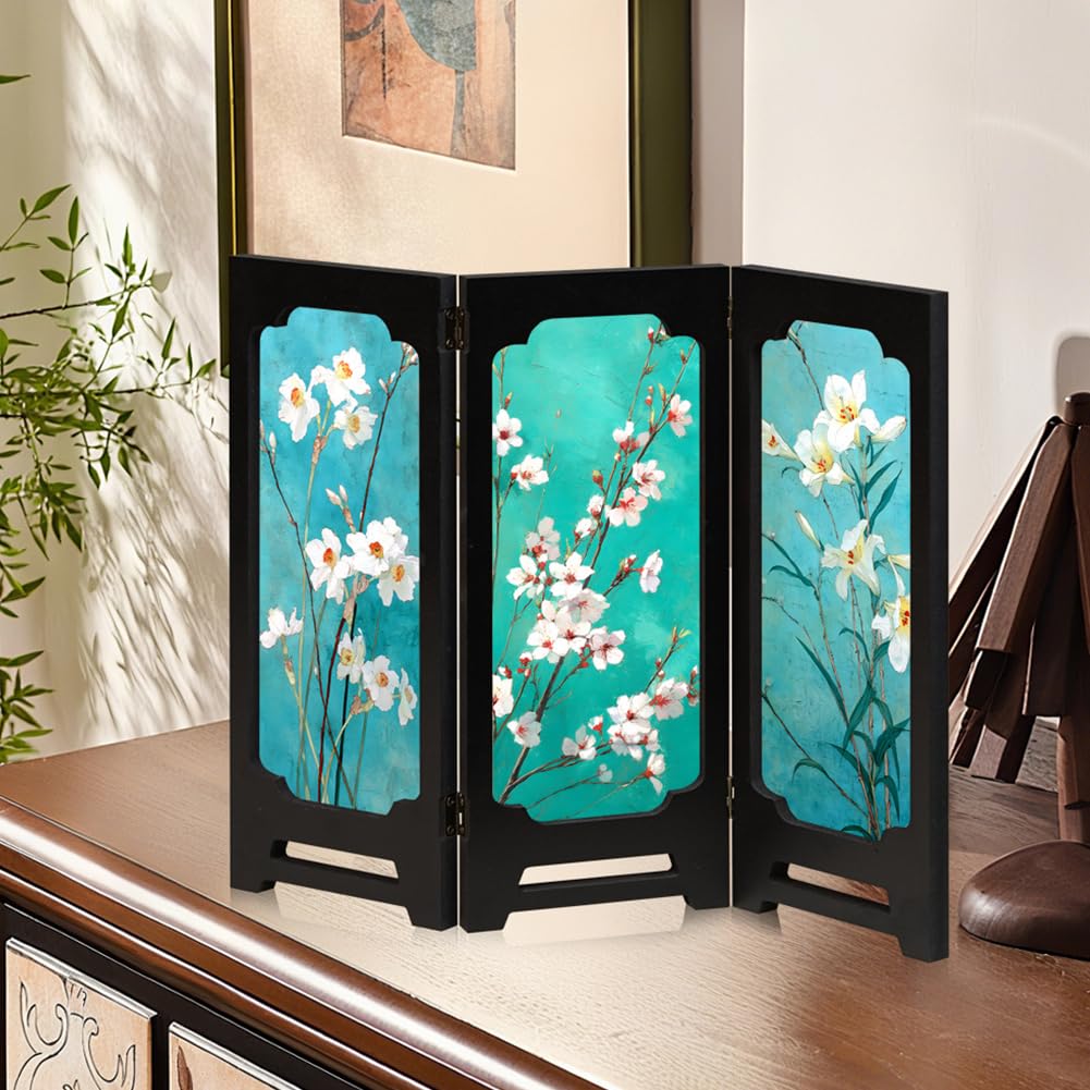 YANGSHINE Chinese Style Double Sided Lotus Pattern Mini Folding Screens Desktop Decoration Acrylic Foldable Screen with 3 Panel Divider for Home
