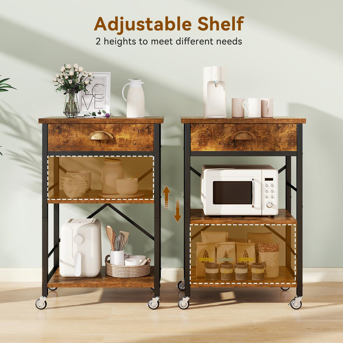 IBUYKE Kitchen Bakers Rack with Drawers,3-Tier Microwave Oven Stand with Storage, Coffee Bar Table with Wheels,Adjustable Shelf,Simple