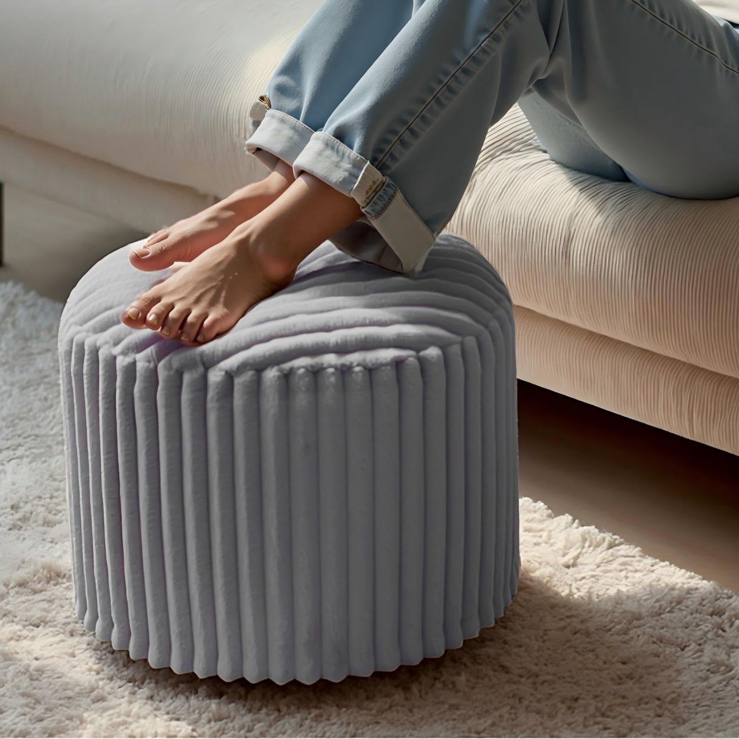 DAWNYIELD Round Footstool Bean Bag, Faux Fur Pouffe, Grey