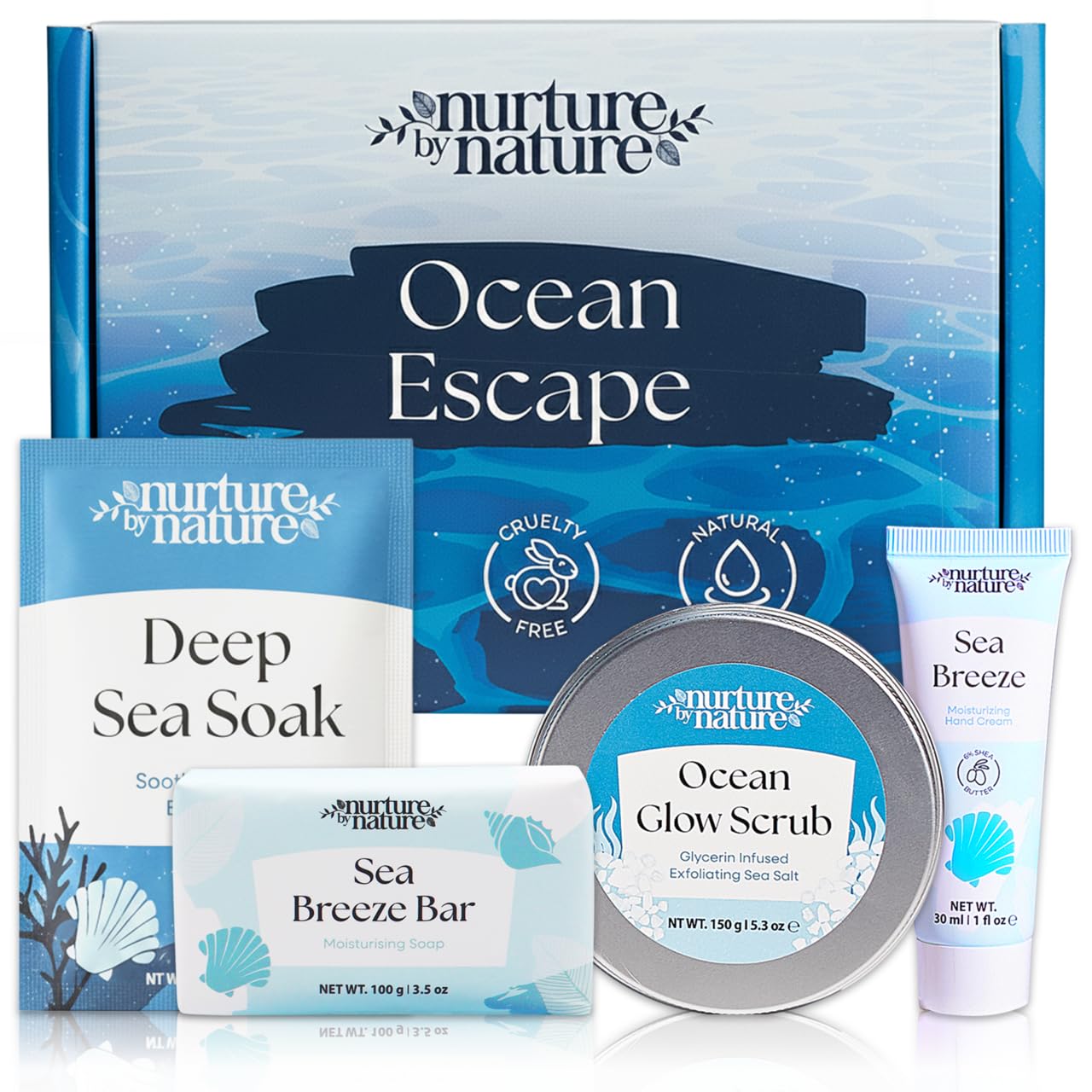 Nurture by Nature Pamper Gift for Women - Fresh Scent Toiletries Set with Body Scrub, Bath Salts, Soap & Hand Cream - Vegan & Cruelty Free - Christmas