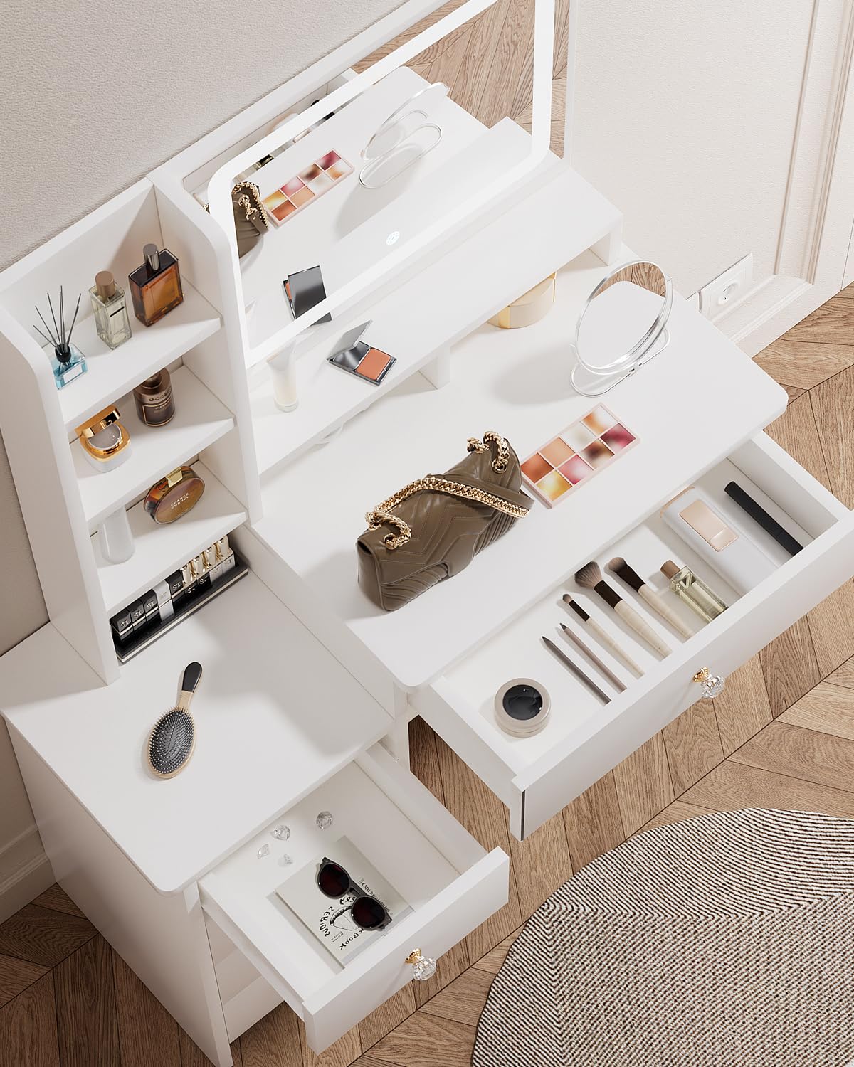 ZenkiHome Dressing Table with LED Mirror and Adjustable Lights, 90cm White Vanity Desk