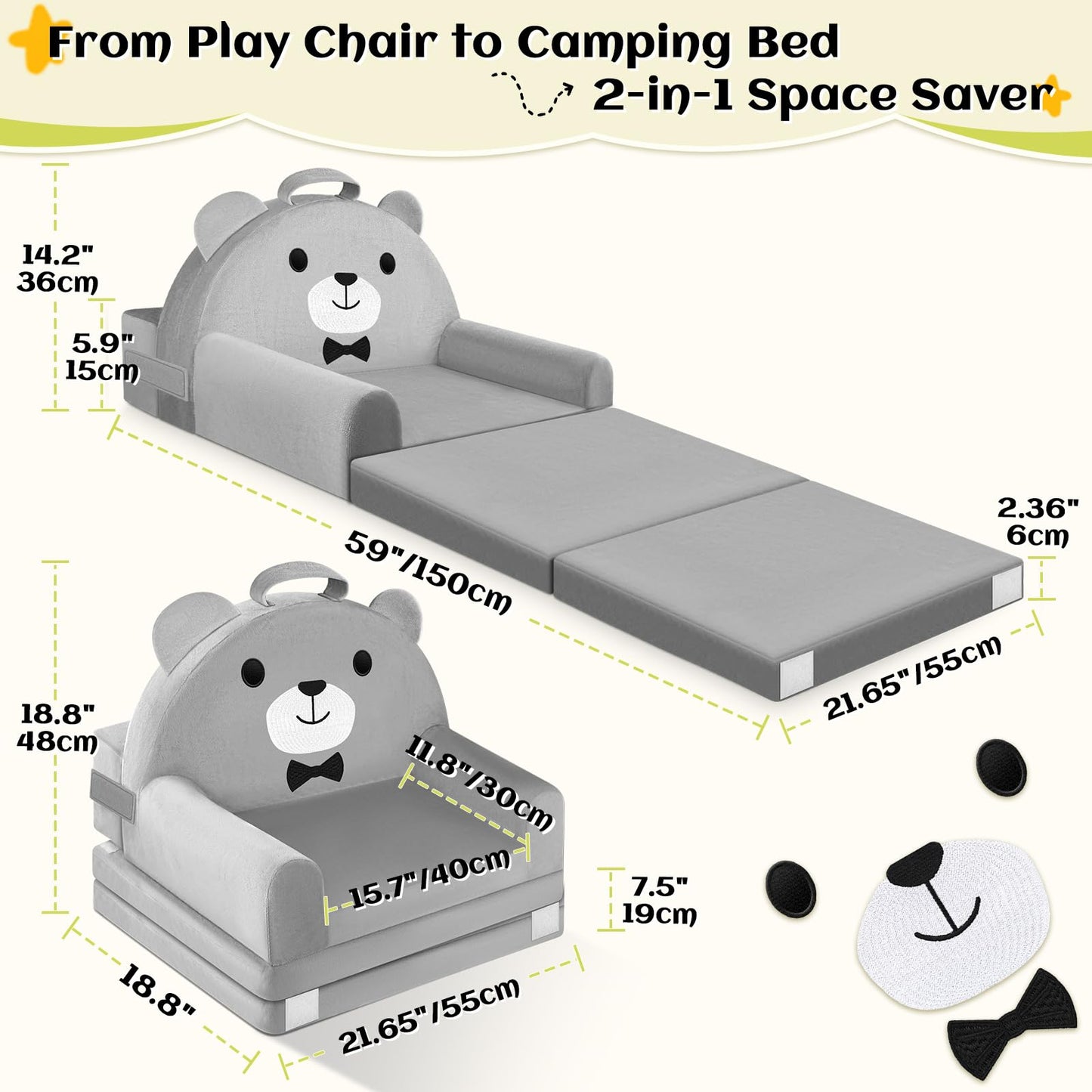 JUOIFIP Foldable Kids Sofa Bed, 2-in-1 Toddler Couch Chair, 150cm Soft Crystal Velvet Toddlers Sofa Bed for Bedroom Livingroom, Playroom
