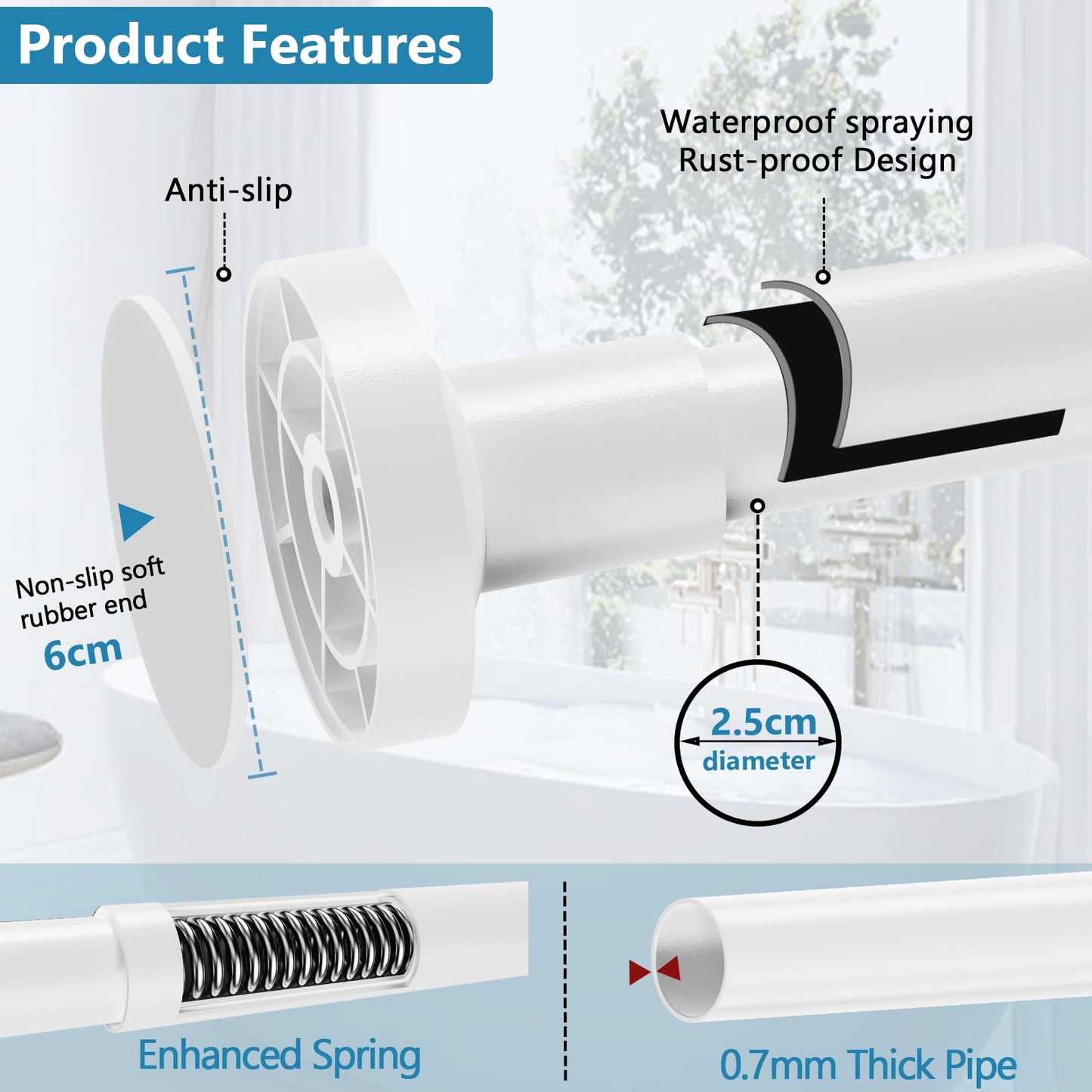WELDUN Extendable Shower Curtain Tension Rod 48-118CM No Drill Rod