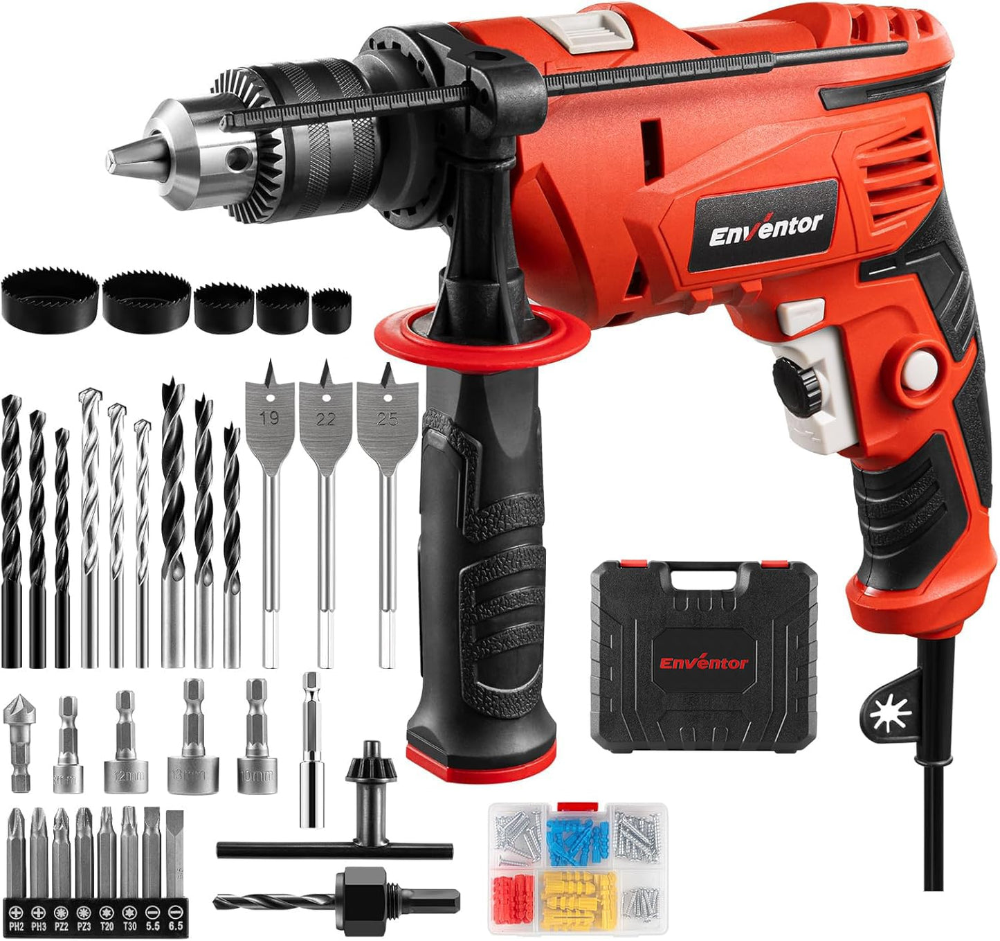 Enventor Hammer Drill, 900W 0-3000RPM Electric Corded Hammer Drill, Variable Speed, 13mm Chuck, 360? Auxiliary Handle, with 36pcs Accessories for