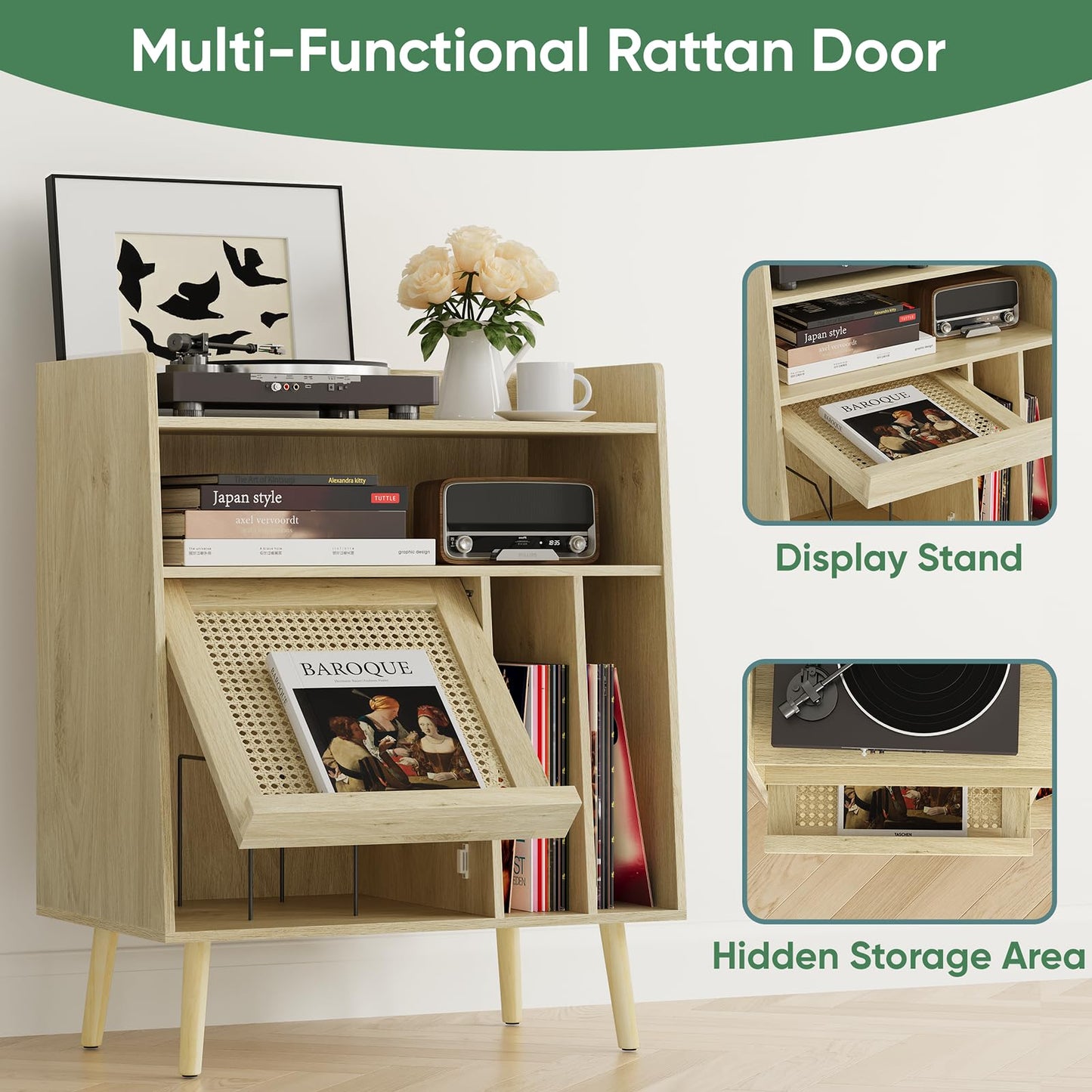 Kiasthome Vinyl Record Storage Cabinet, Large Record Player Stand with Open Shelf
