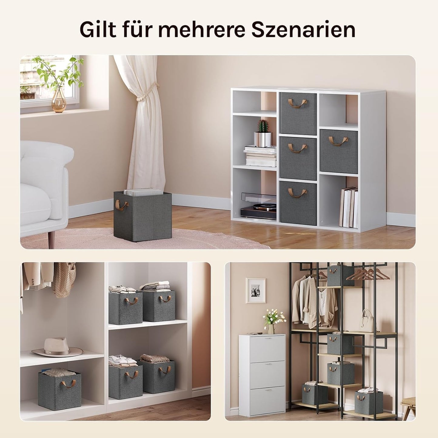 WOLTU Fabric Storage Boxes Set of 3, Collapsible Cube Baskets with Handles and Metal Frame, Wardrobe Organisers for Bedroom, Living Room, Study