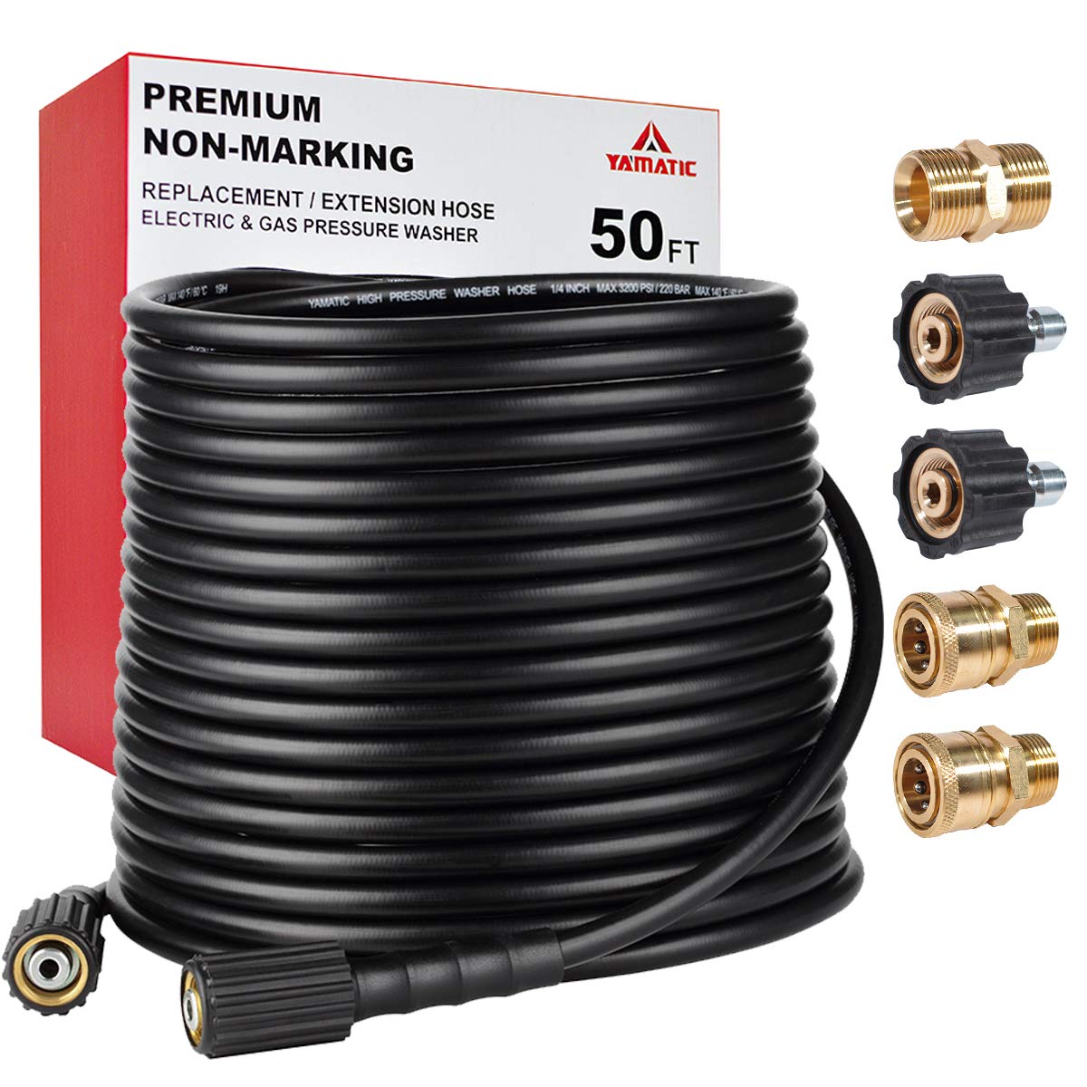 YAMATIC Pressure Washer Hose 15M/50FT with M22 & 3/8" Quick Connect, Kink Resistant 1/4" Extension Replacement High Power Washer Hose for Ryobi, Troy