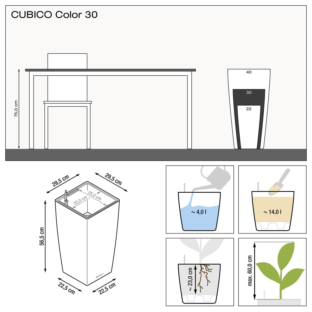 Lechuza CUBICO Color 30 Self Watering Planter Garden Plastic Indoor and Outdoor Flower Plant Pot with Drainage Hole H56 L30 W30 cm Nutmeg