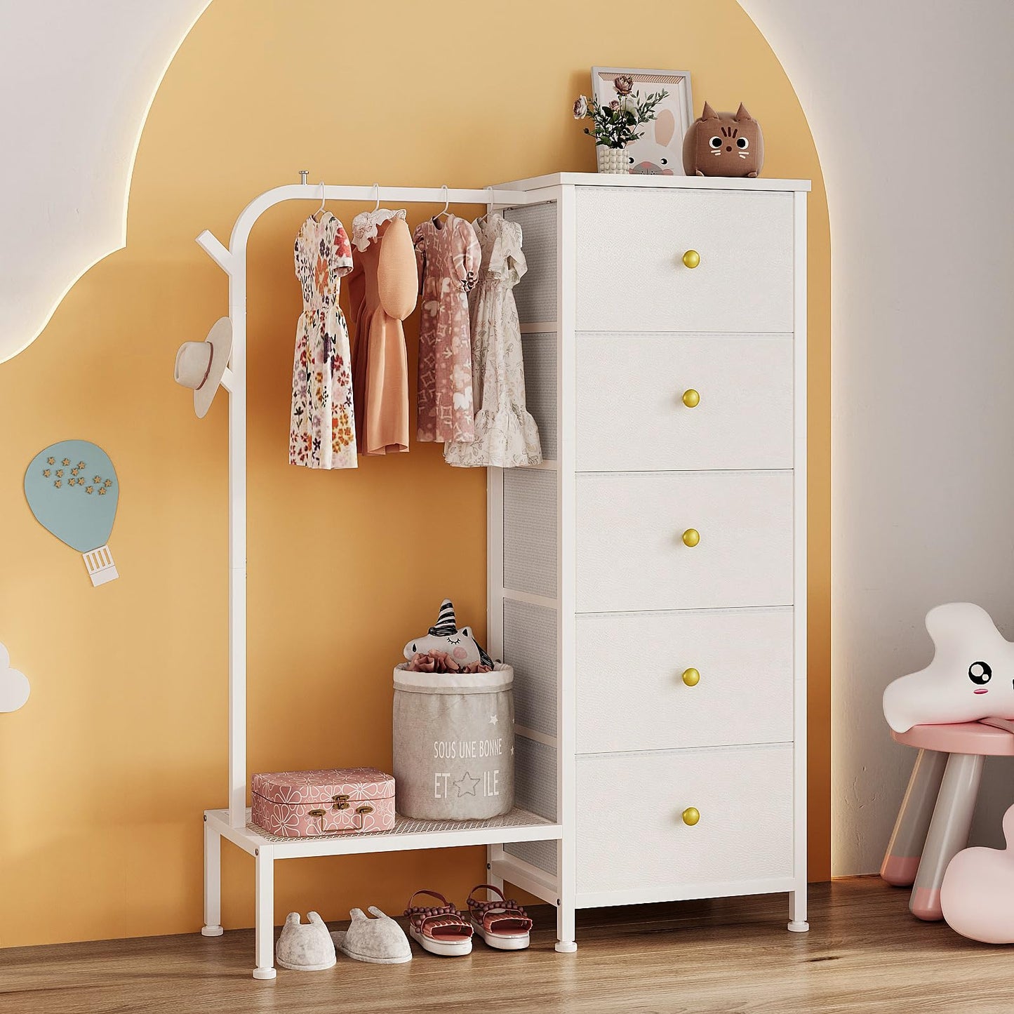 Trironsun Small 5 Fabric Drawer Dresser with Clothes Rack Chest of Drawers with Hanging Rail Reversible Wardrobe with Clothes Rack