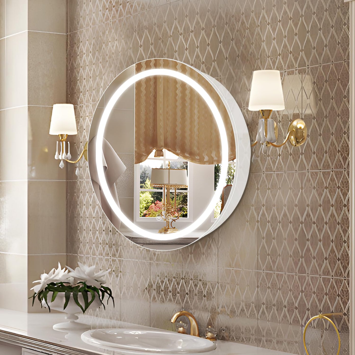 Janboe 61cm Round Mirror Cabinet with Lights,with Defogger,Dimmable,Anti-Fog,3 Colors,White