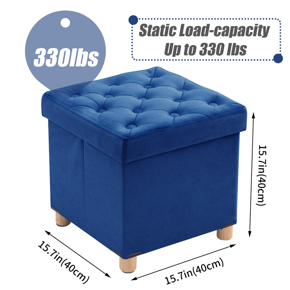 BRIAN & DANY Folding Storage Ottoman with Wood Legs, Velvet Footstools Cube for Living Room and Bedroom, 40x 40x 40 cm, Blue