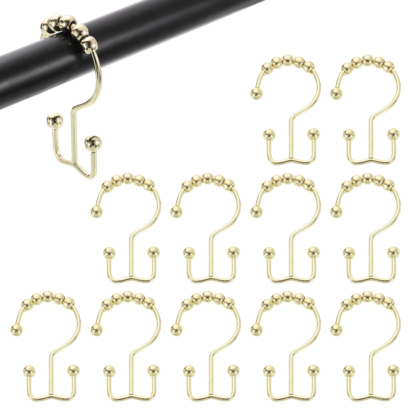 sourcing map 12Pcs Shower Curtain Hooks, Metal Double Glide Shower Rings, Curtain Rolling Shower Hooks for Rust-Resistant Sliding Smoothly, Gold