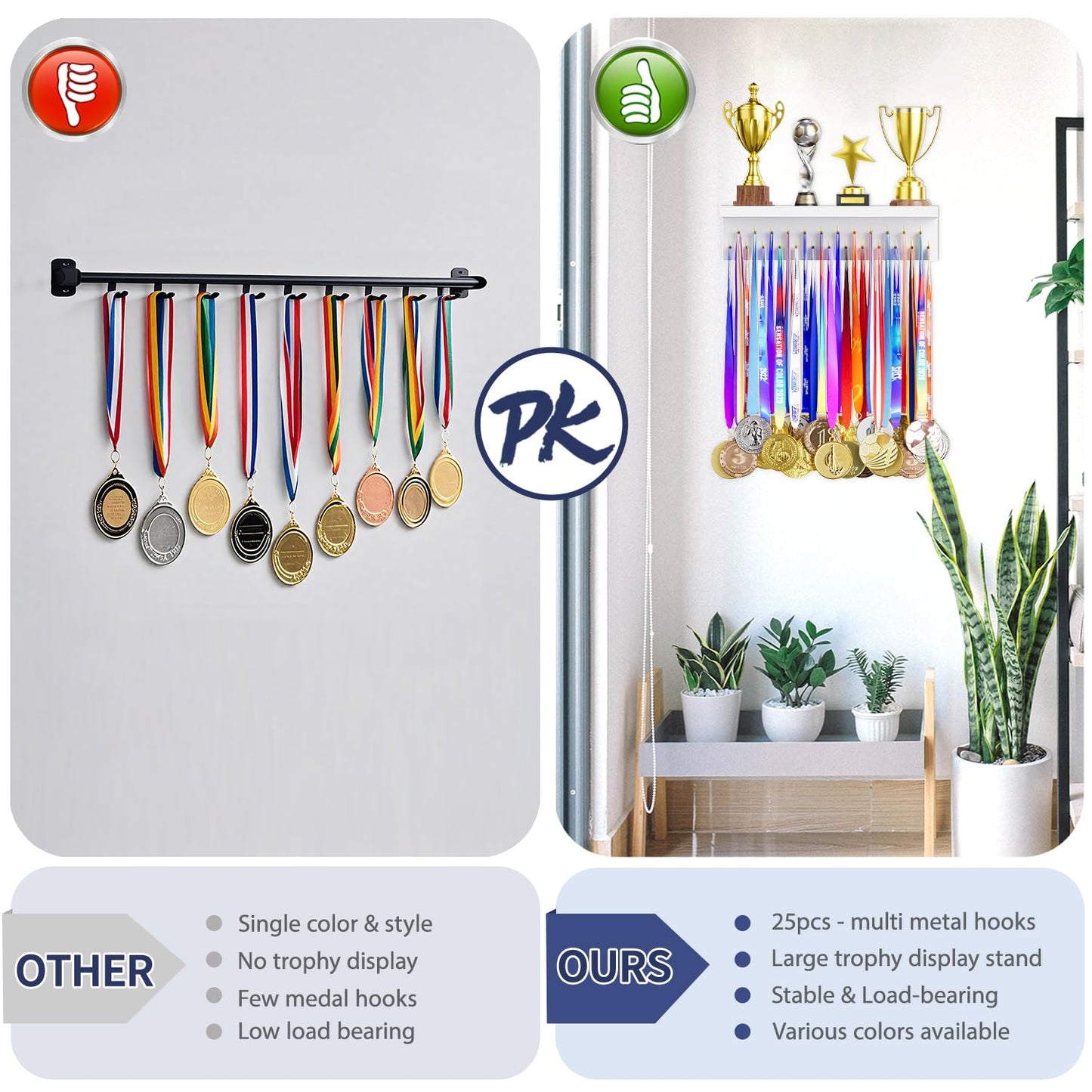 DSVENROLY Medal Holder Trophy Shelf Organizer, 25 Golden Hooks, White