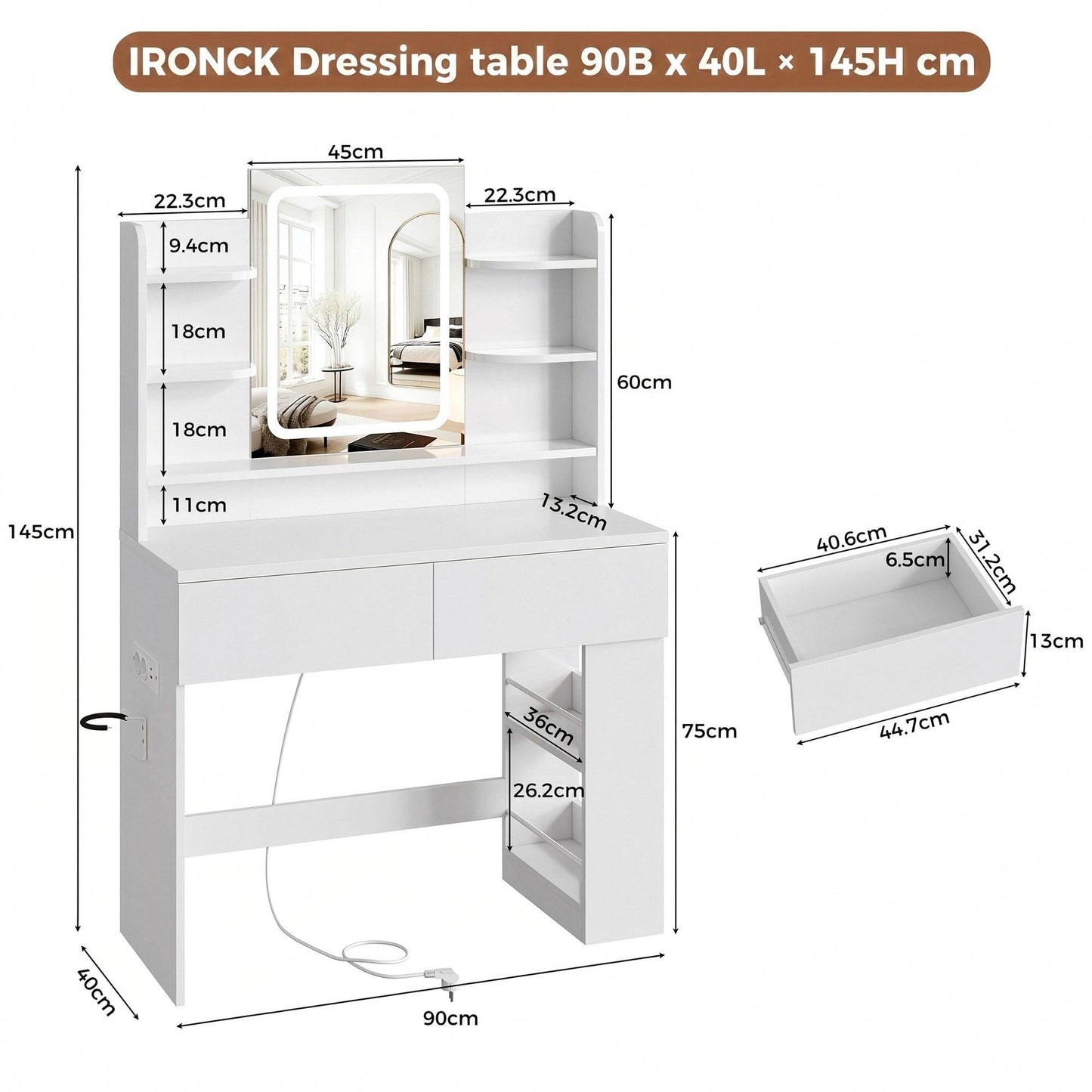 IRONCK Dressing table with LED Lights, Vanity desk with Mirror 40x90x145 cm