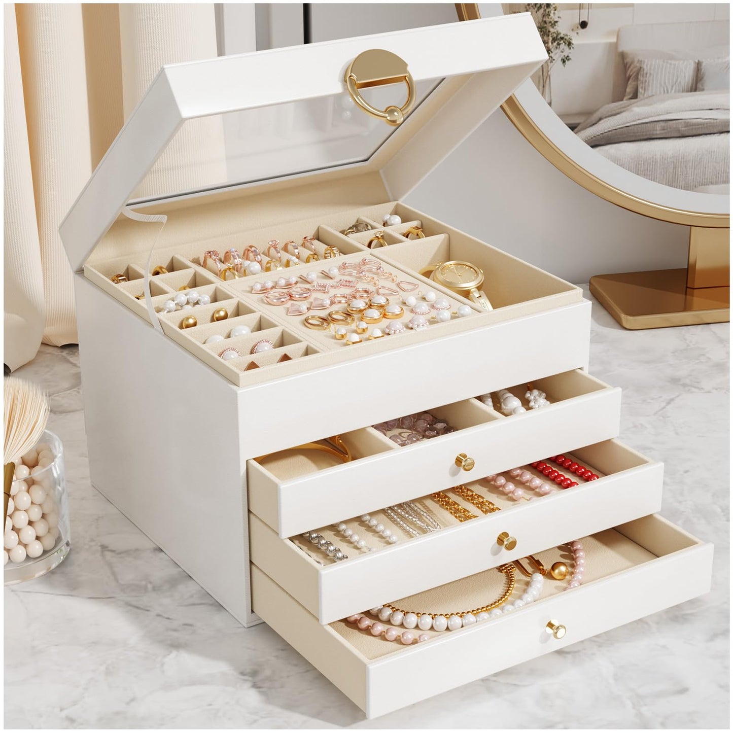 Large Jewellery Box, 4-layer 3 Drawer Jewelry organiser, Cloud White