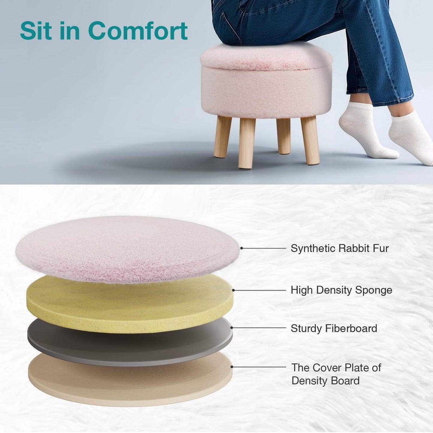 BRIAN & DANY Footstool with Storage, Small Storage Ottoman, Faux Fur Round Stool with Lid, Foot Stool with Legs for Living Room Entryway, Pink